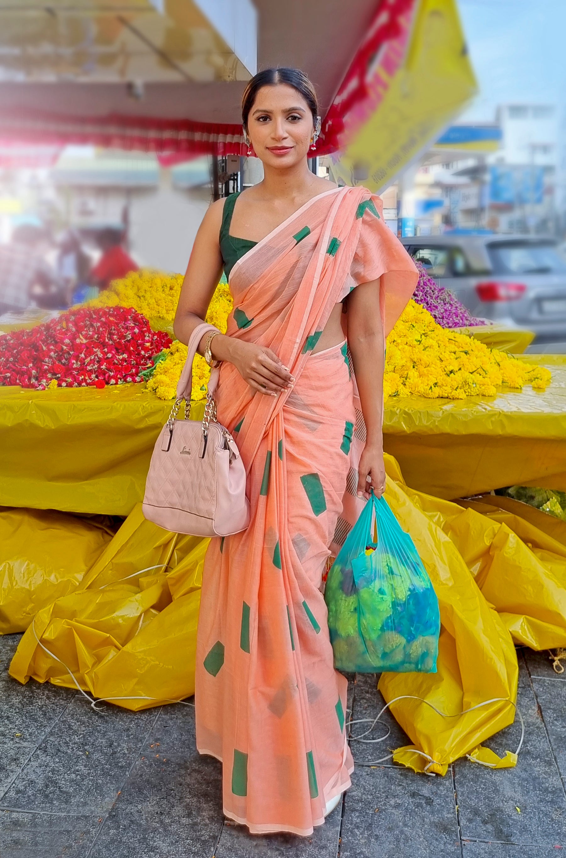 PEACH & GREEN - HAND BLOCK PRINTED COTTON SAREE
