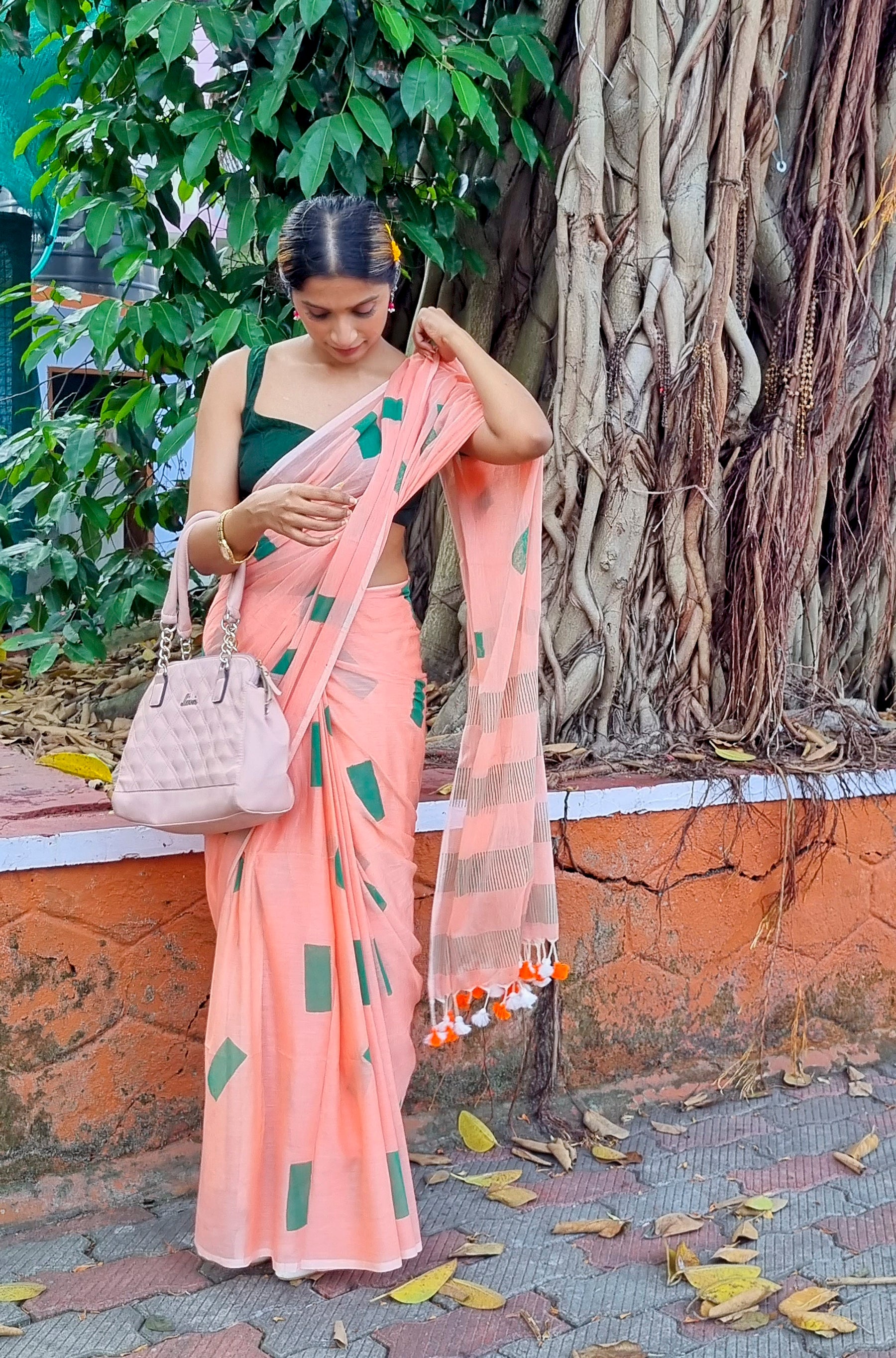 PEACH & GREEN - HAND BLOCK PRINTED COTTON SAREE