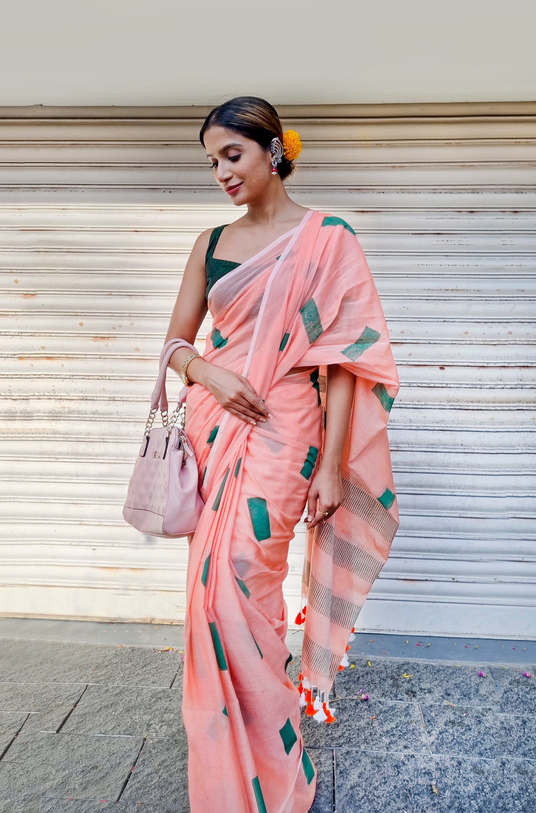 PEACH & GREEN - HAND BLOCK PRINTED COTTON SAREE