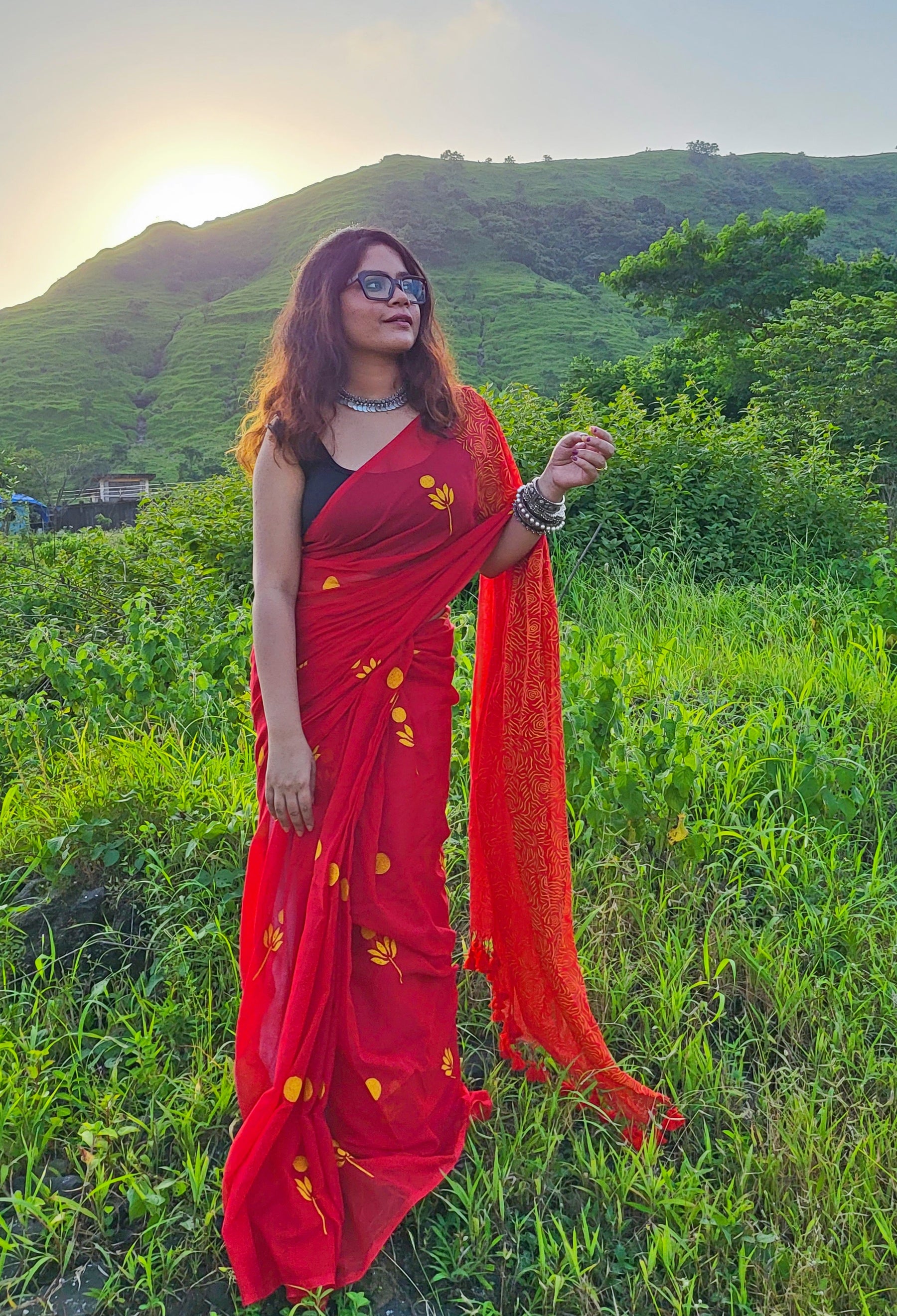 FLORAL LOVE - RED & YELLOW - HAND BLOCK PRINTED COTTON SAREE