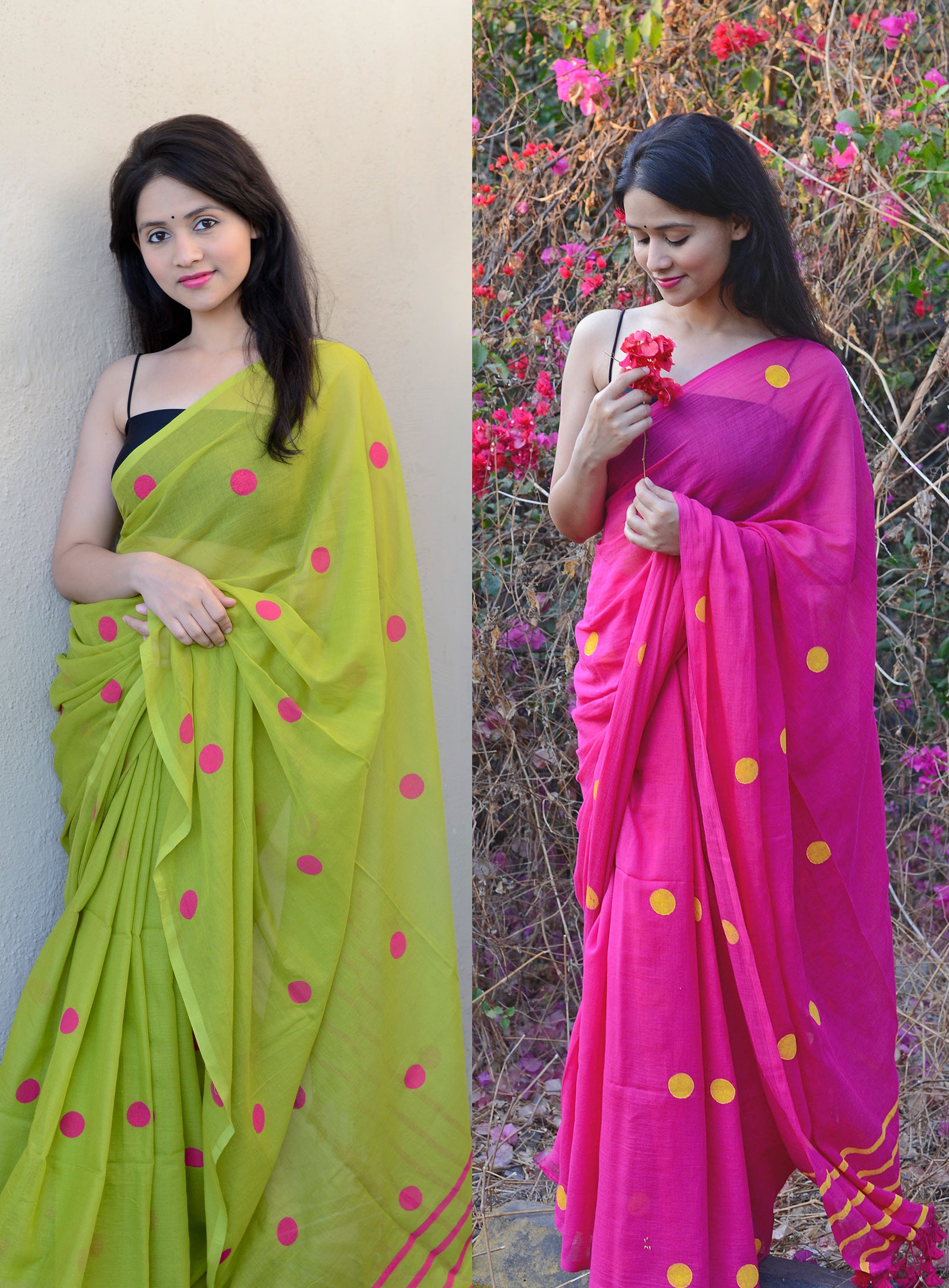PARROT GREEN & RANI PINK  COMBO (POLKA DOTS) - HAND BLOCK PRINTED COTTON SAREE