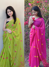 PARROT GREEN & RANI PINK  COMBO (POLKA DOTS) - HAND BLOCK PRINTED COTTON SAREE