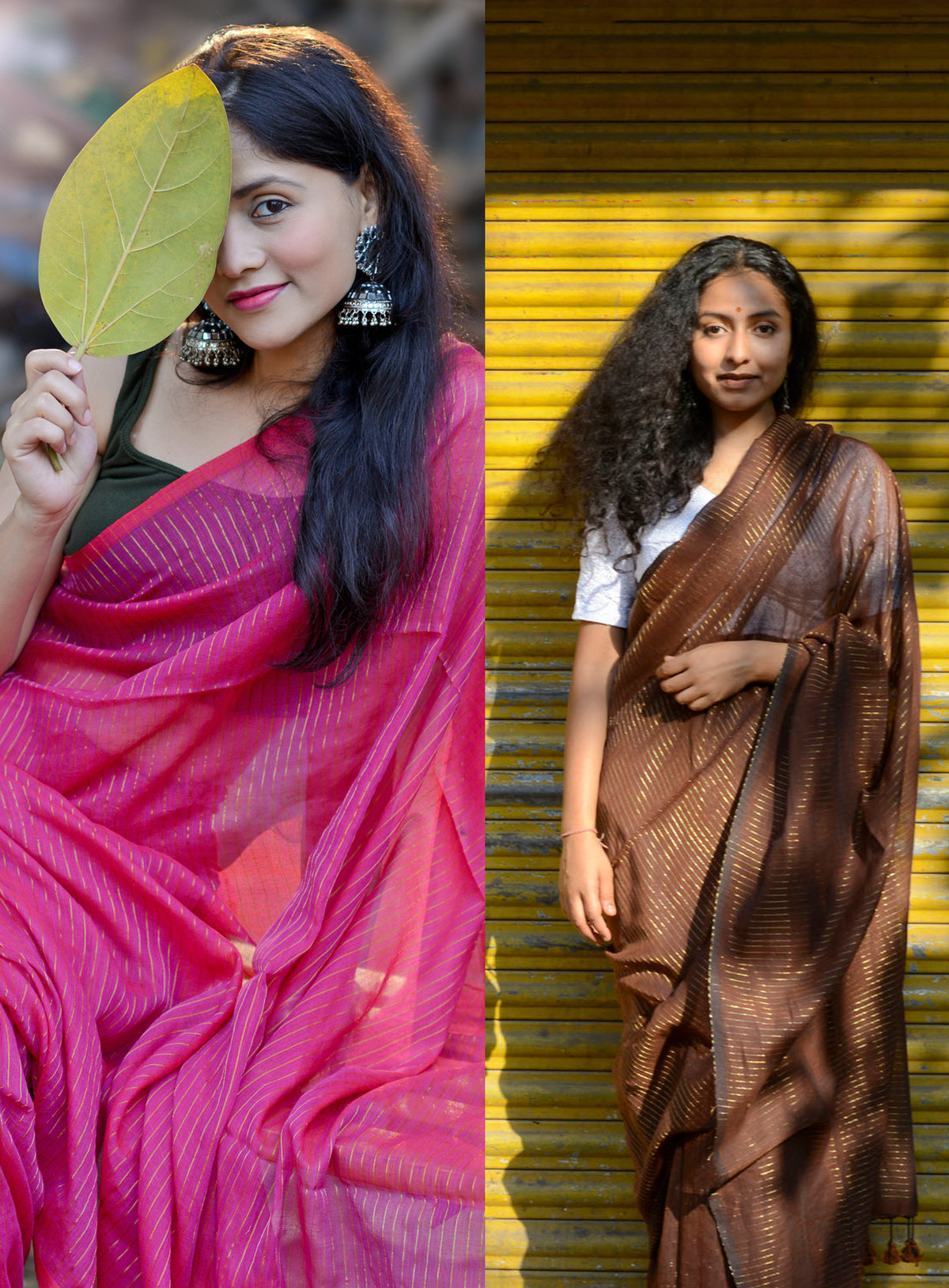 PINK & COFFEE COMBO - ZARI LINES SAREE