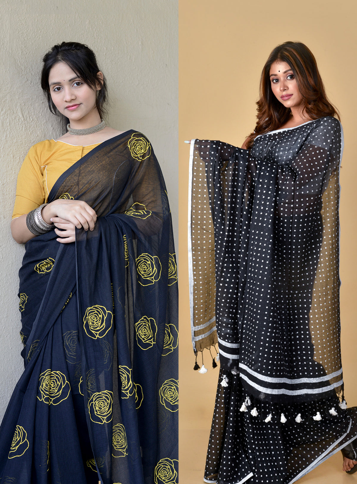 BLACK COMBO - HAND BLOCK PRINTED COTTON SAREE