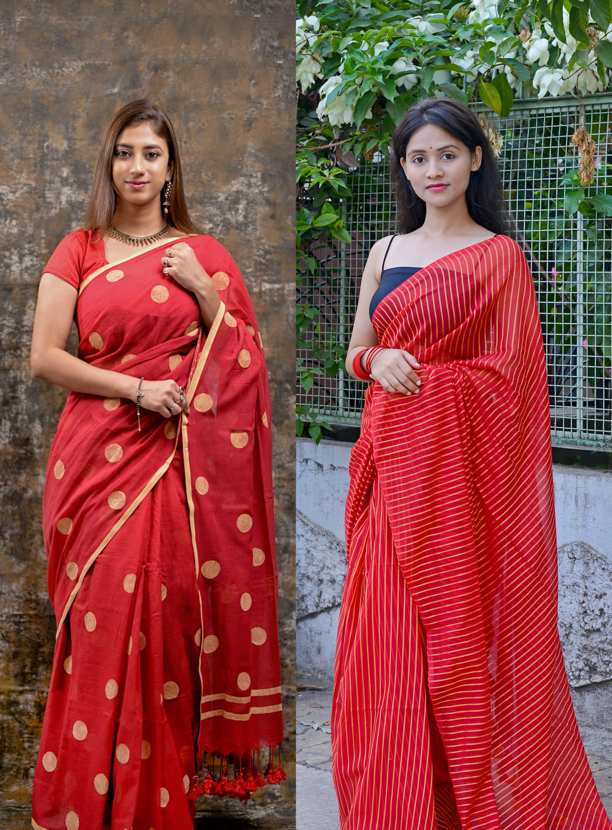 RED COMBO - HANDWOVEN COTTON SAREE (BLOCK PRINT & COTTON LINES)