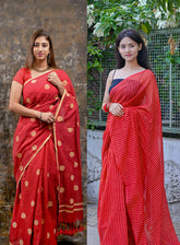 RED COMBO - HANDWOVEN COTTON SAREE (BLOCK PRINT & COTTON LINES)