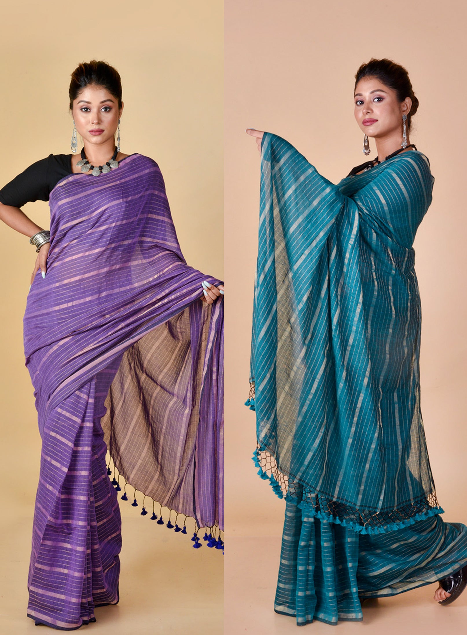 MAUVE & TEAL GREEN COMBO - Handwoven Gold Zari Stripes