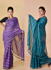 MAUVE & TEAL GREEN COMBO - Handwoven Gold Zari Stripes