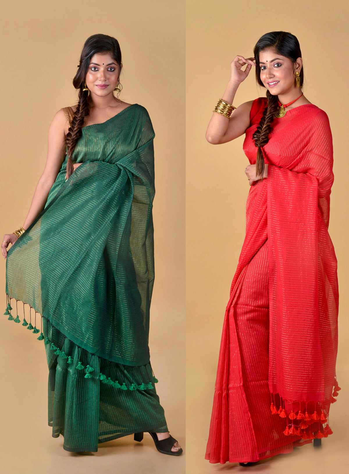 GREEN & RED COMBO - ZARI LINES SAREE