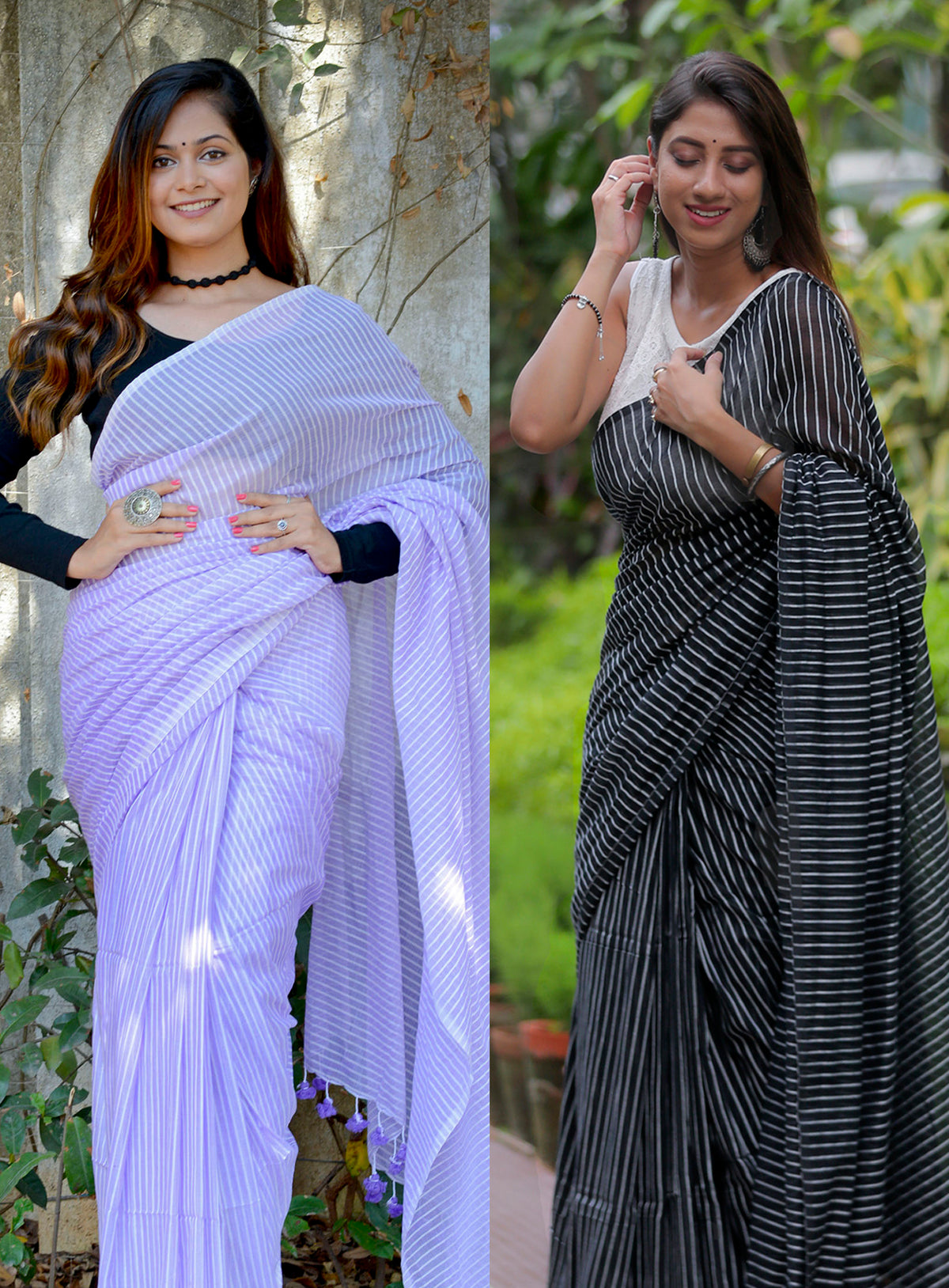 VIOLET & BLACK COMBO - COTTON LINES SAREE