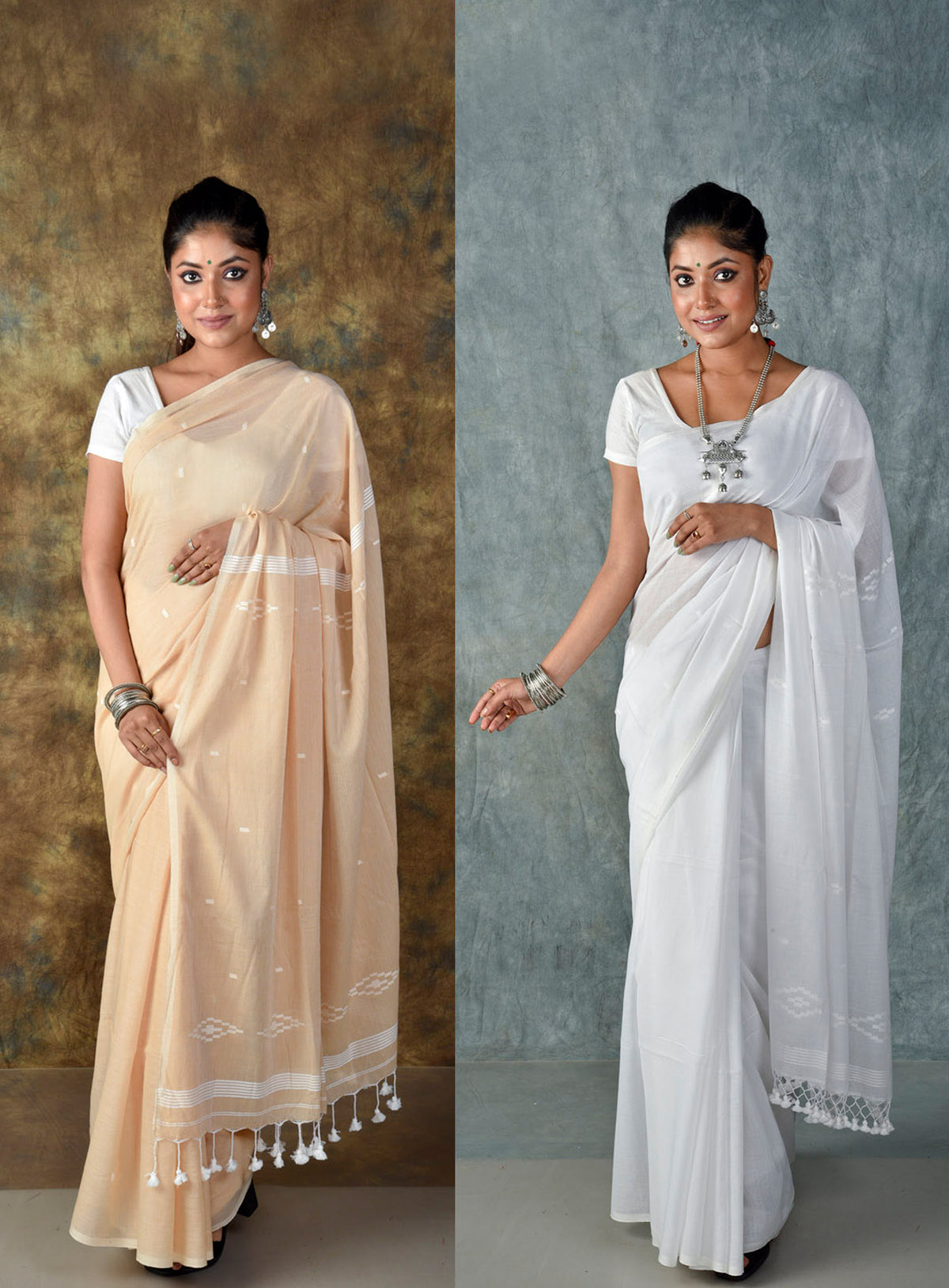 BEIGE & WHITE COMBO -HANDWOVEN COTTON JAMDANI SAREE