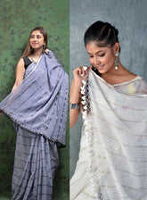 WHITE & GREY COMBO - HANDWOVEN SILVER ZARI STRIPES