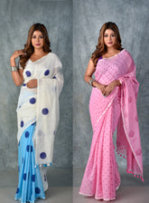 WHITE & PINK COMBO - HAND BLOCK PRINTED COTTON SAREE