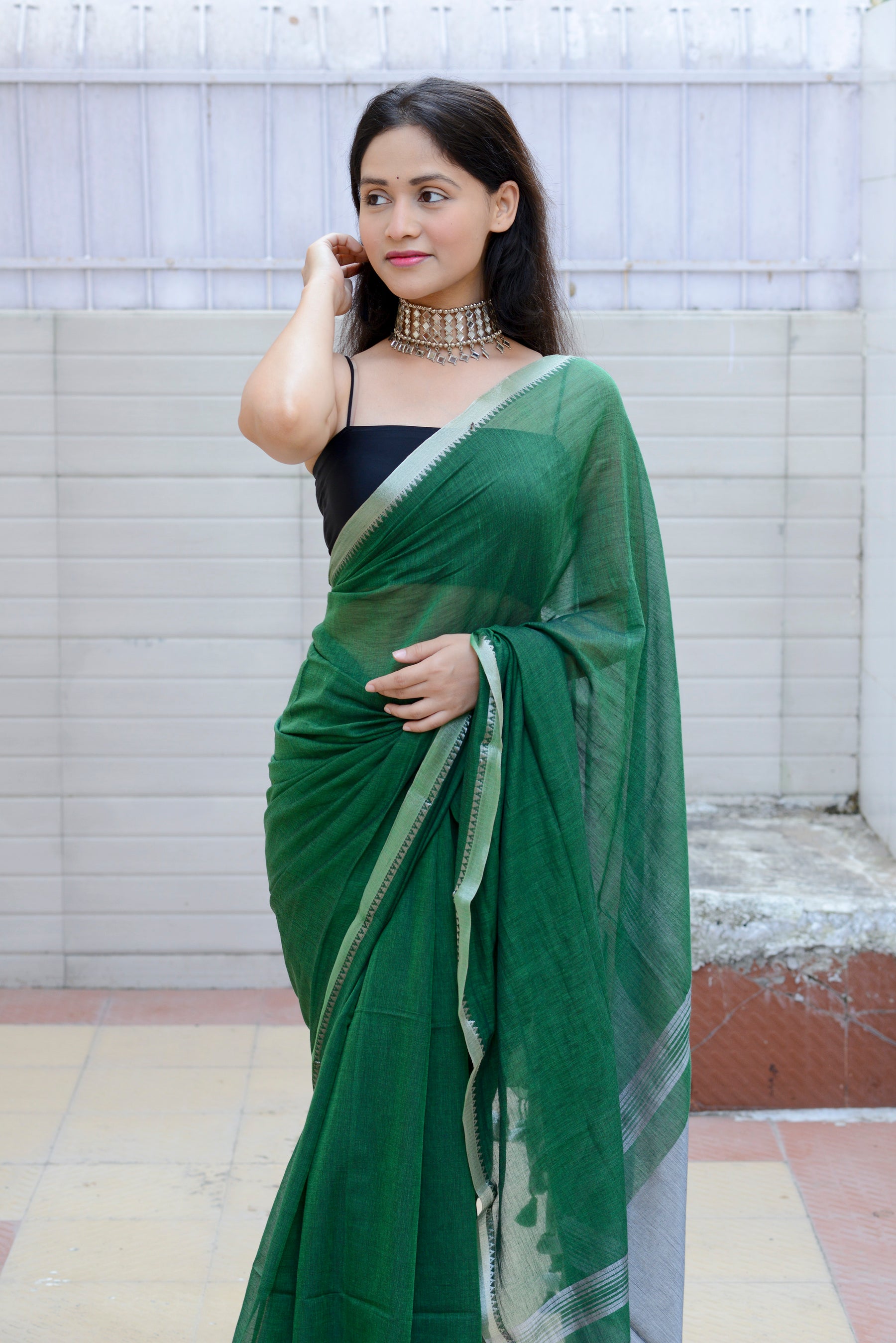 GREEN AND SILVER - LIGHT WEIGHT COTTON SAREE