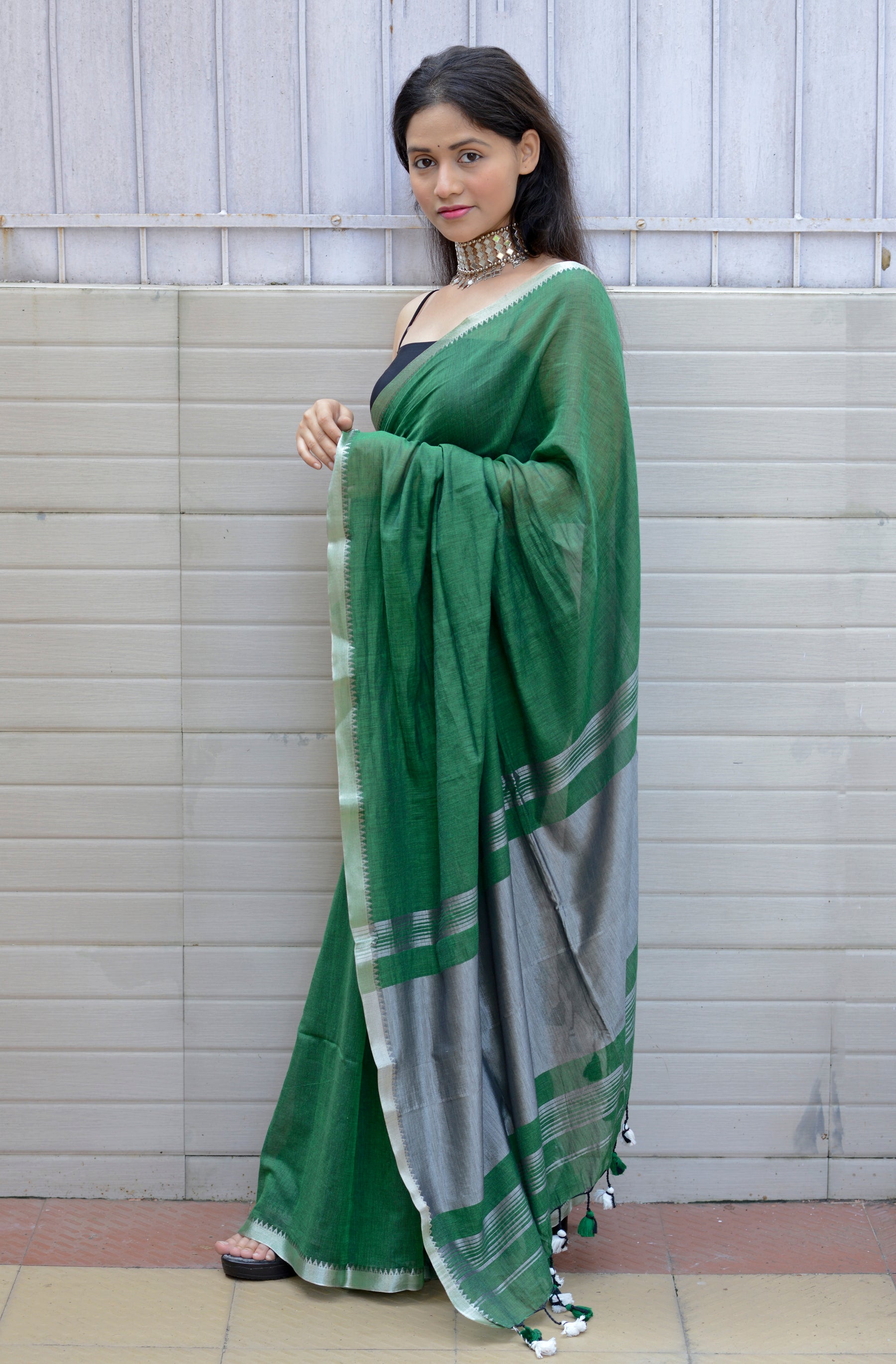 GREEN AND SILVER - LIGHT WEIGHT COTTON SAREE