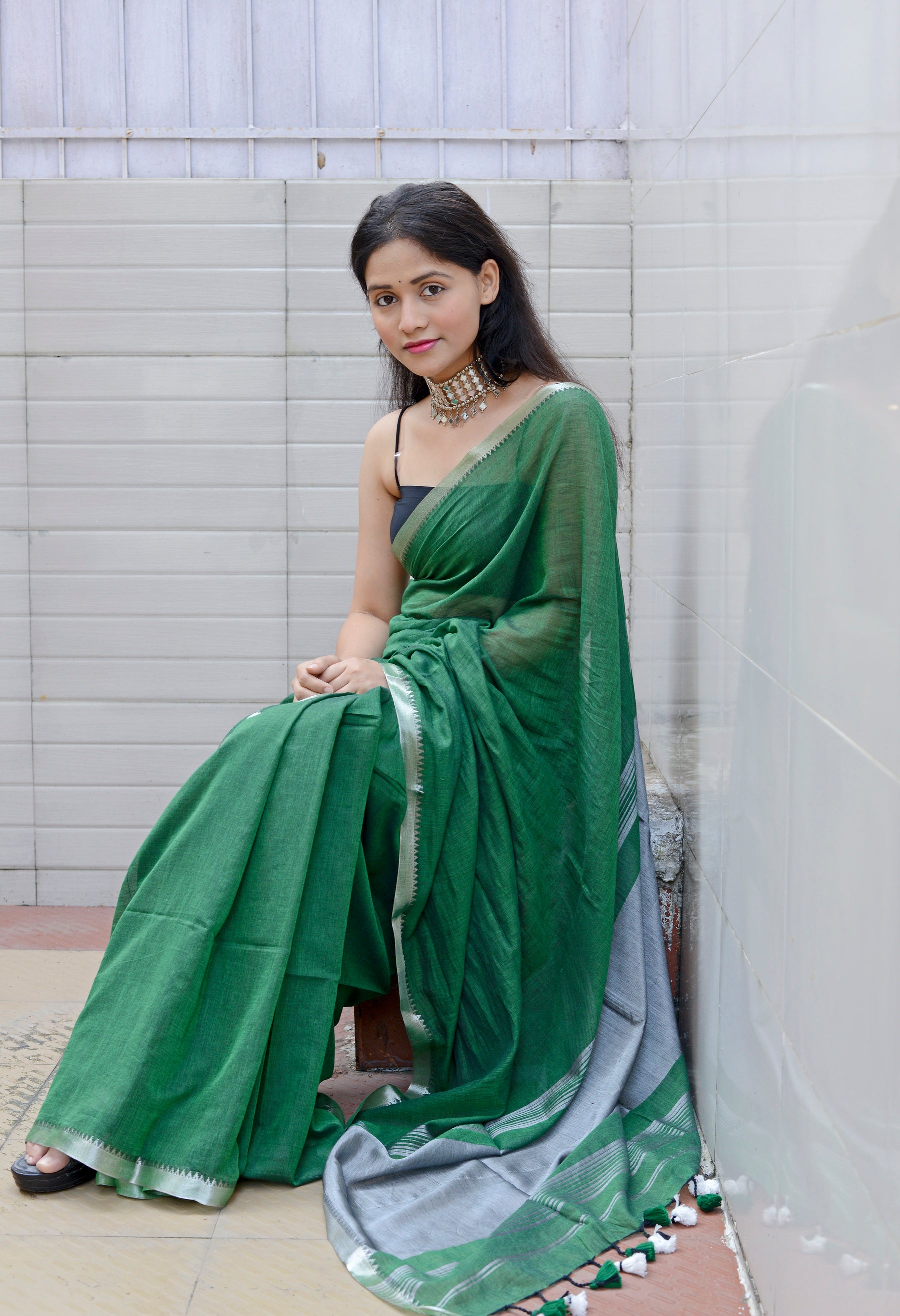 GREEN AND SILVER - LIGHT WEIGHT COTTON SAREE