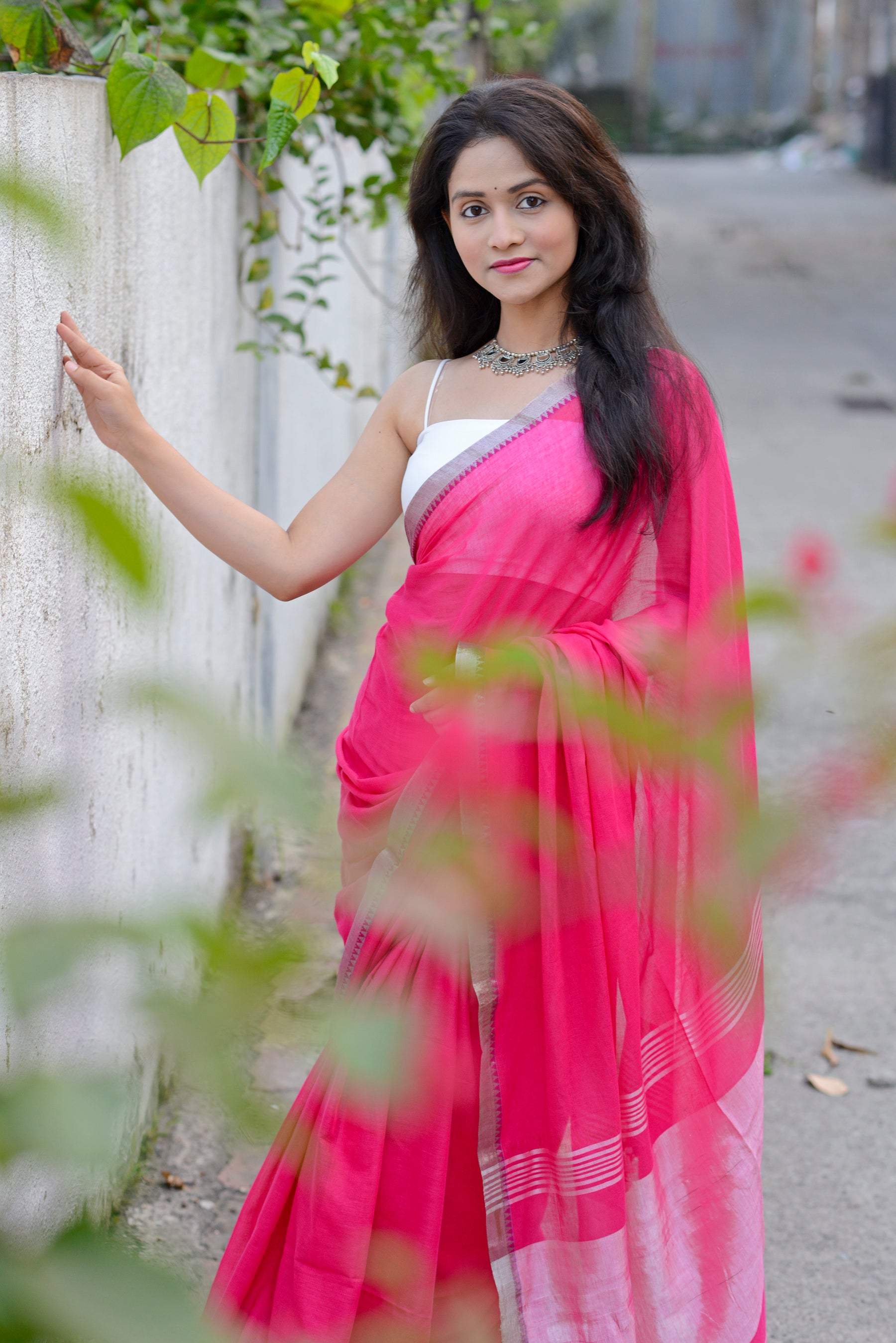 Rani Pink and Silver - Light Weight Cotton Saree
