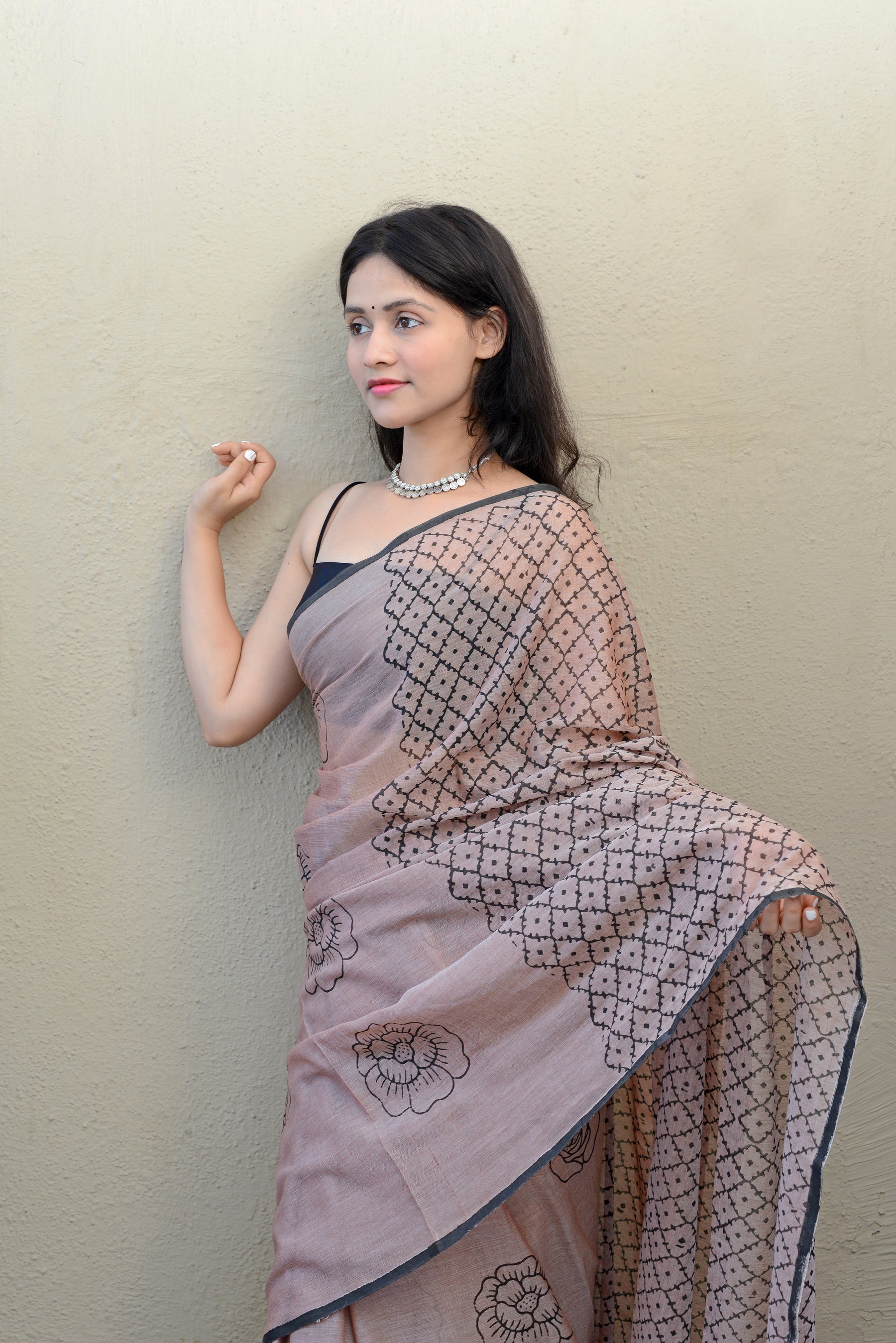 ROSY BROWN - HAND BLOCK PRINTED COTTON SAREE