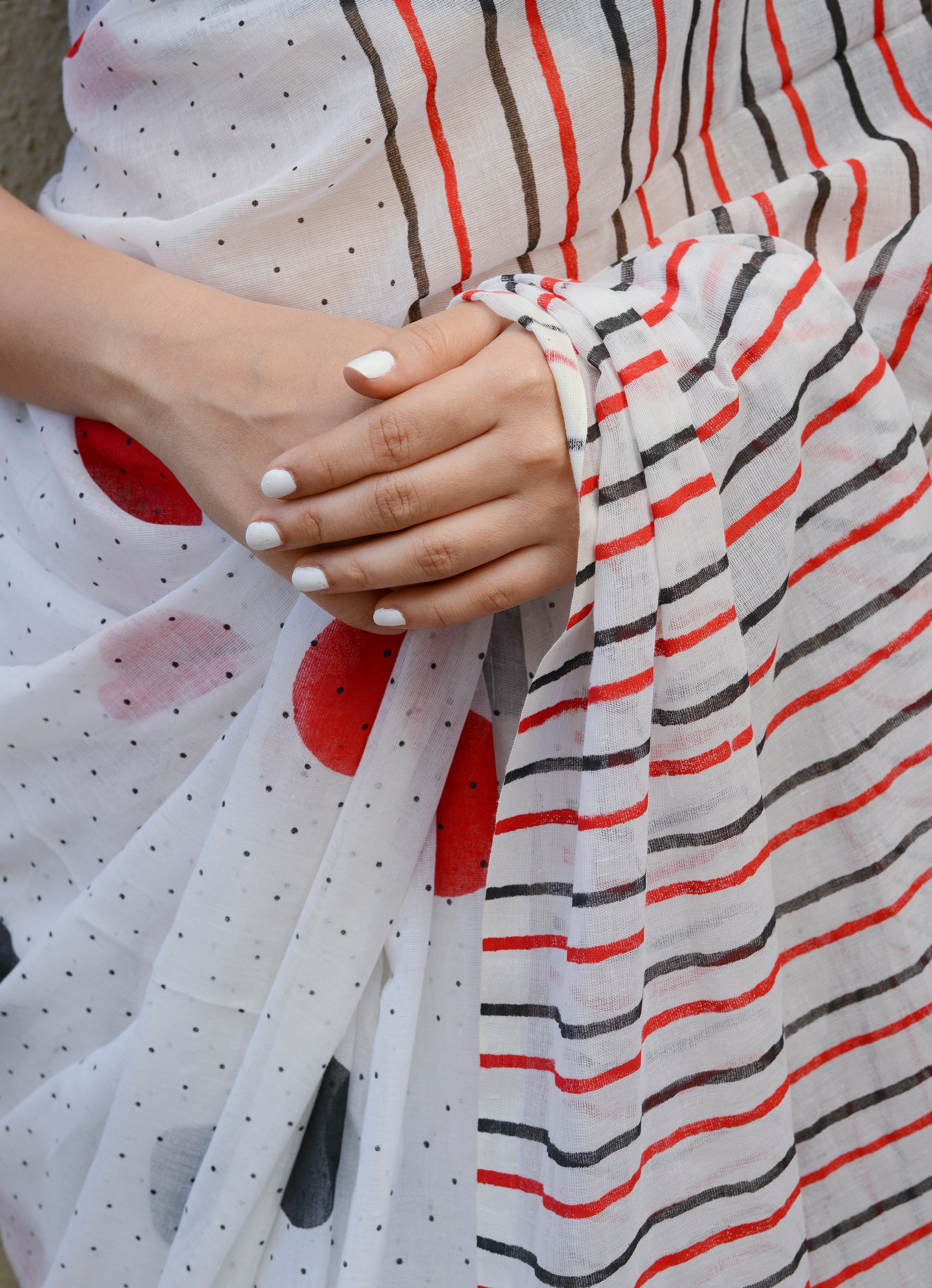 Red Black Polka Dots (with all over dots) - Hand Block Printed Cotton Saree