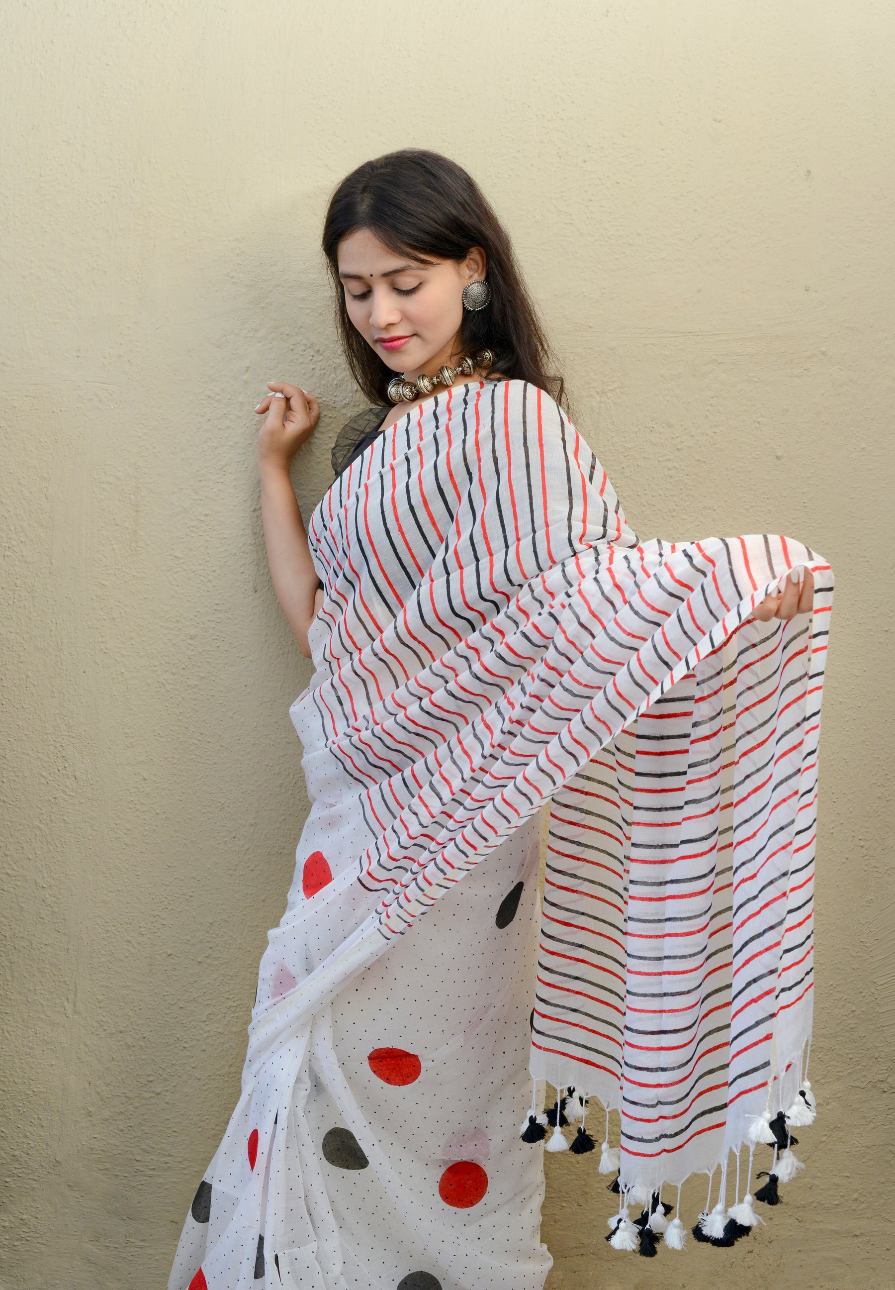 Red Black Polka Dots (with all over dots) - Hand Block Printed Cotton Saree