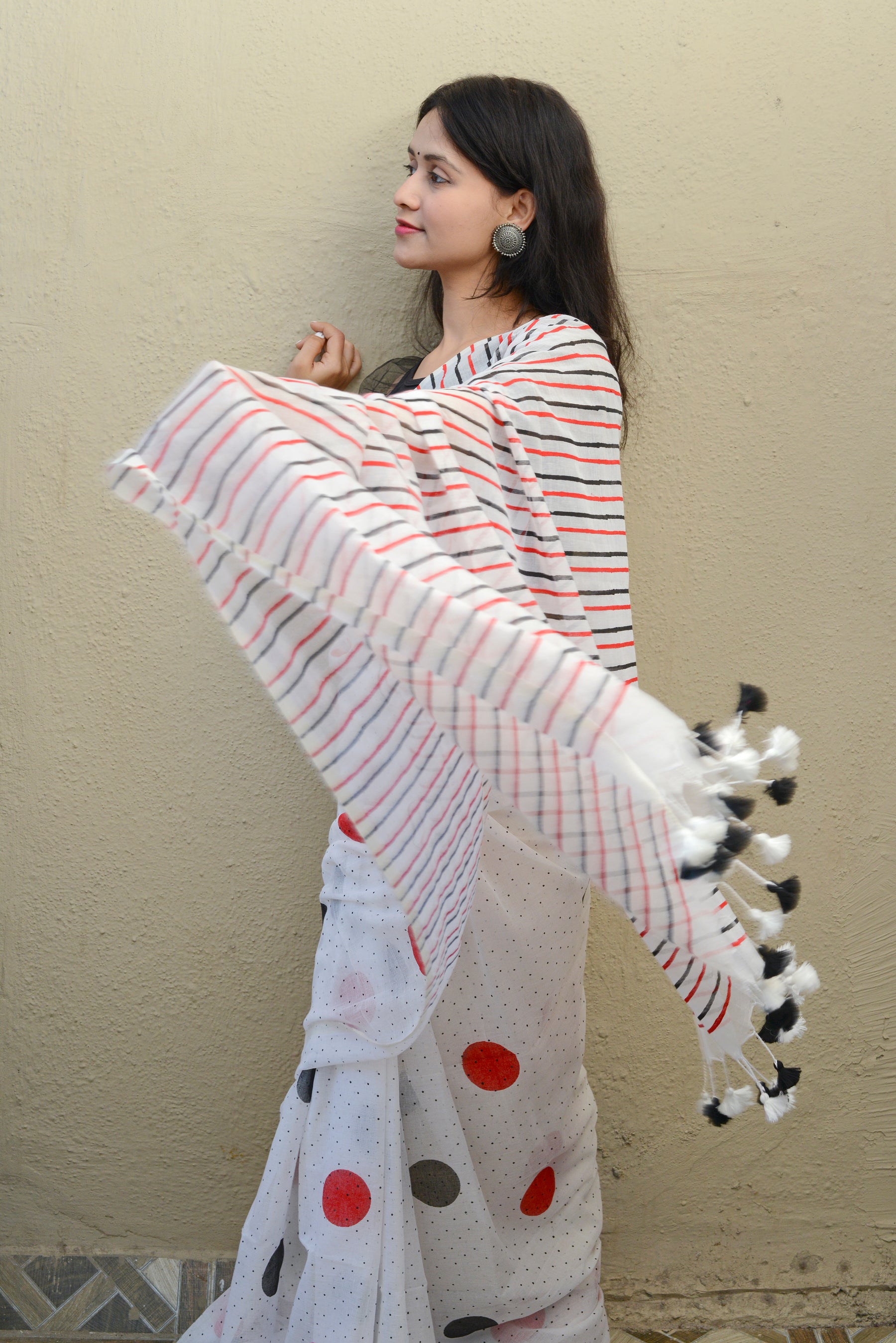 Red Black Polka Dots (with all over dots) - Hand Block Printed Cotton Saree