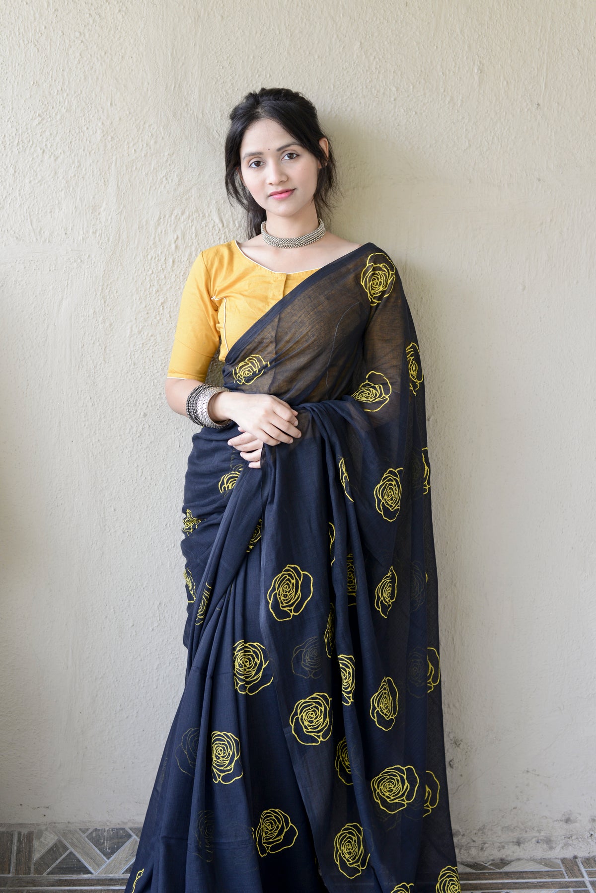 BLACK COMBO - HAND BLOCK PRINTED COTTON SAREE