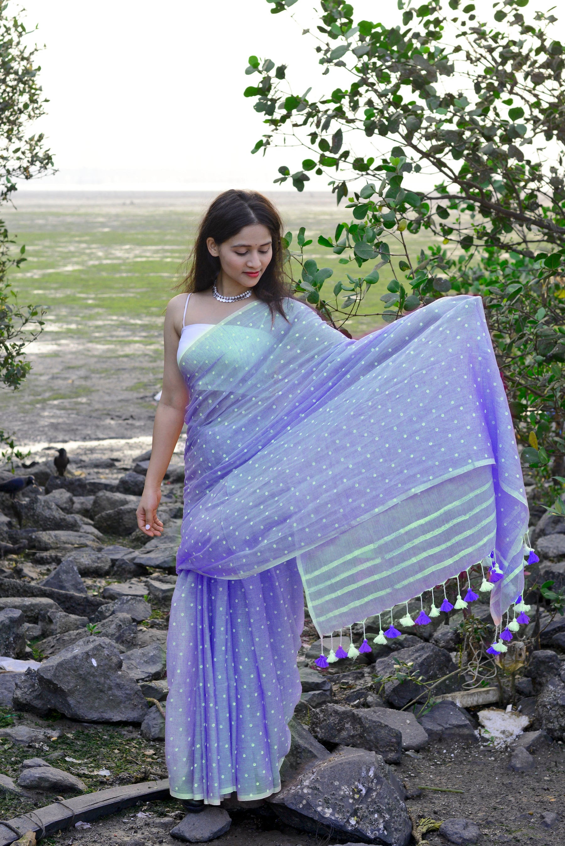 VIOLET LOVE (ALL OVER DOTS) HAND BLOCK PRINTED COTTON SAREE