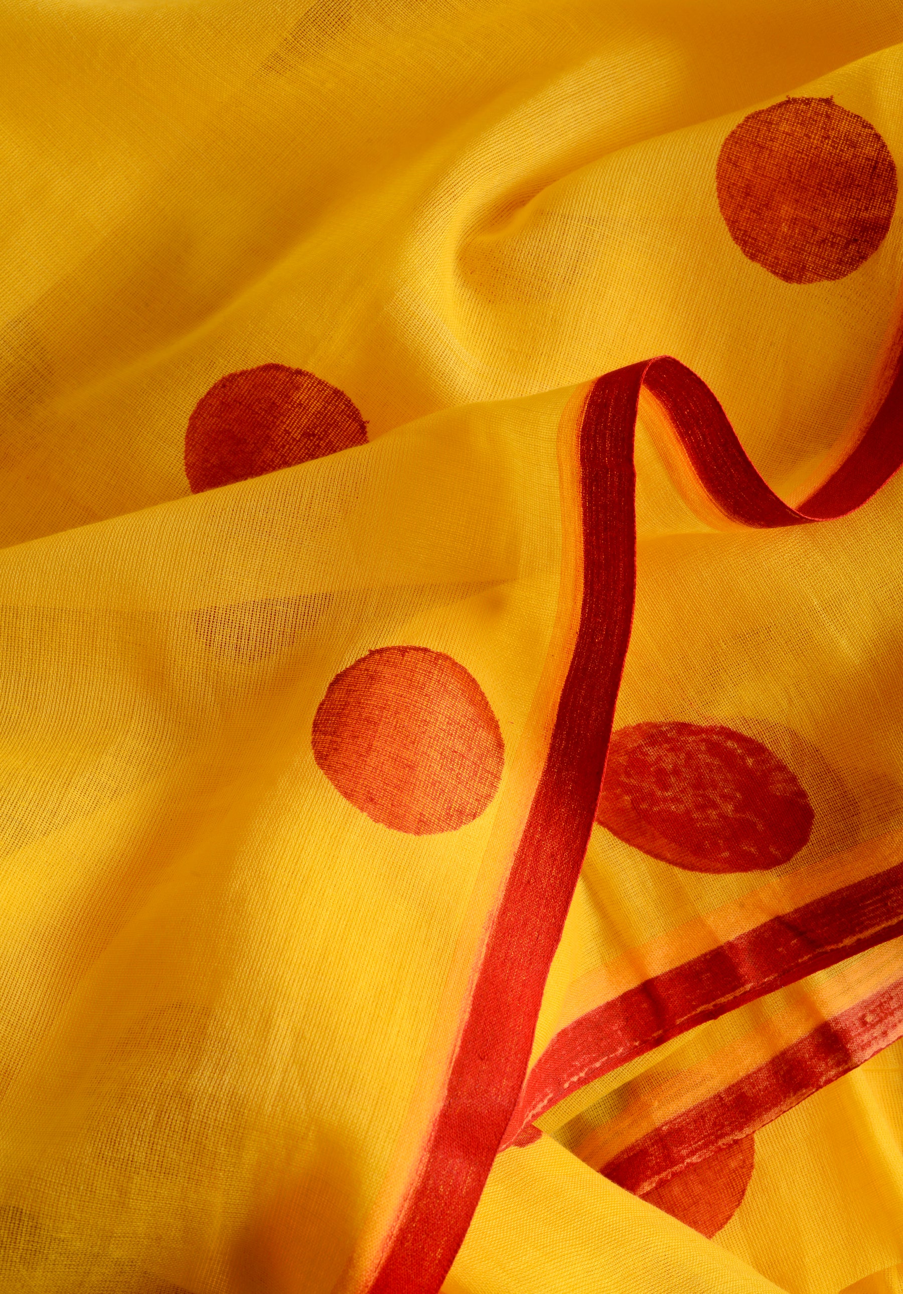 Yellow Red Polka Dots - Hand Block Printed Cotton Saree