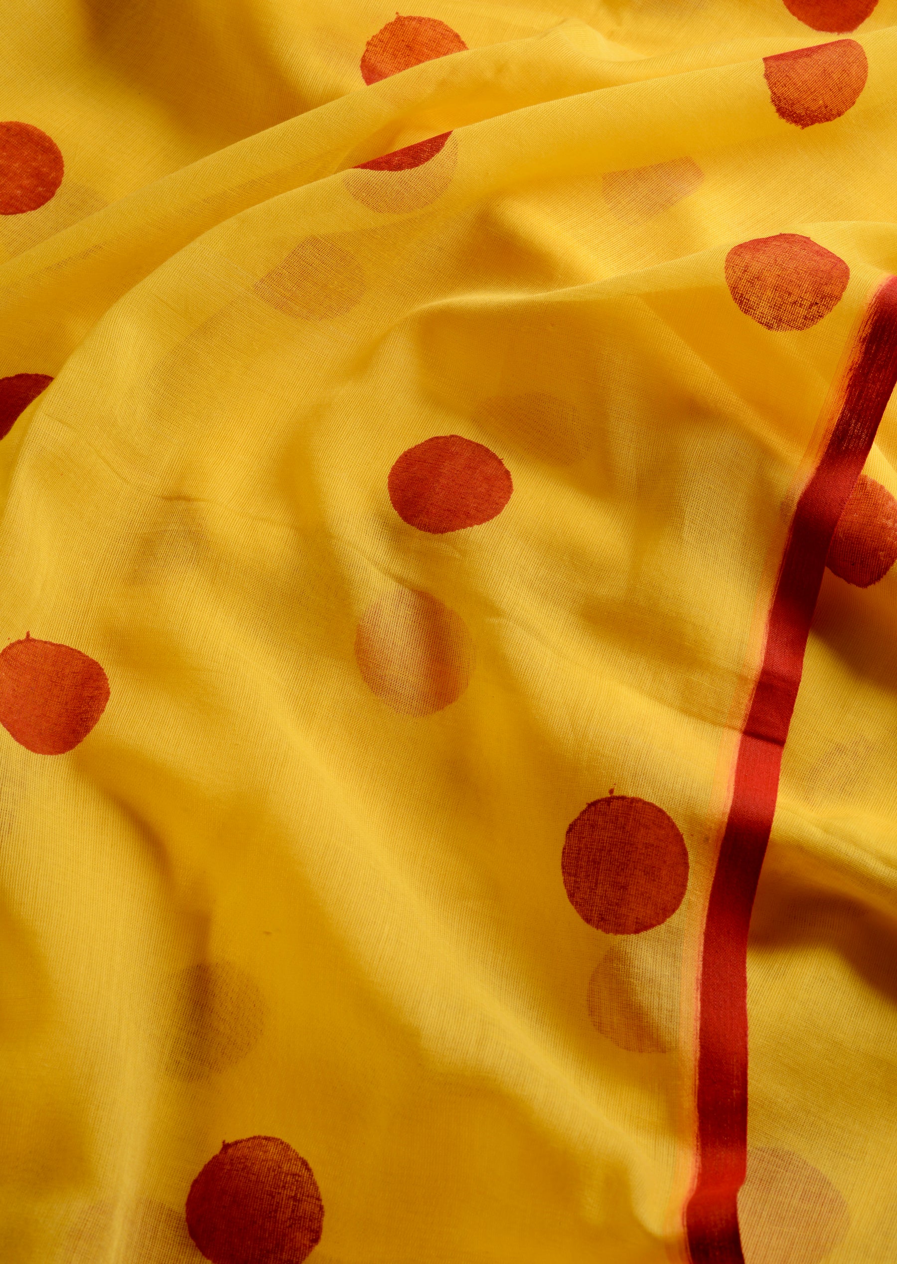 Yellow Red Polka Dots - Hand Block Printed Cotton Saree