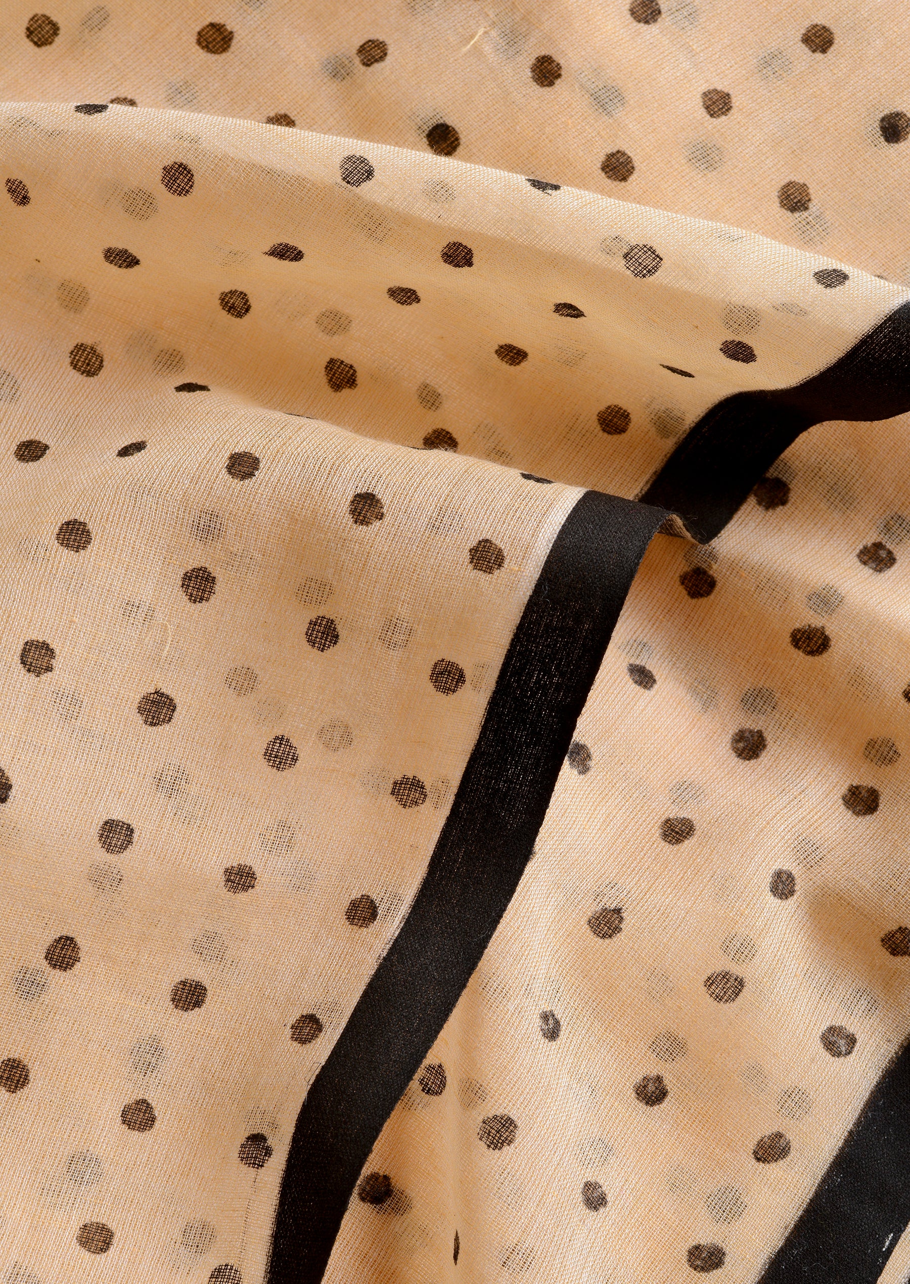 Light Beige (All Over Black Dots) - Hand Block Printed Cotton Saree
