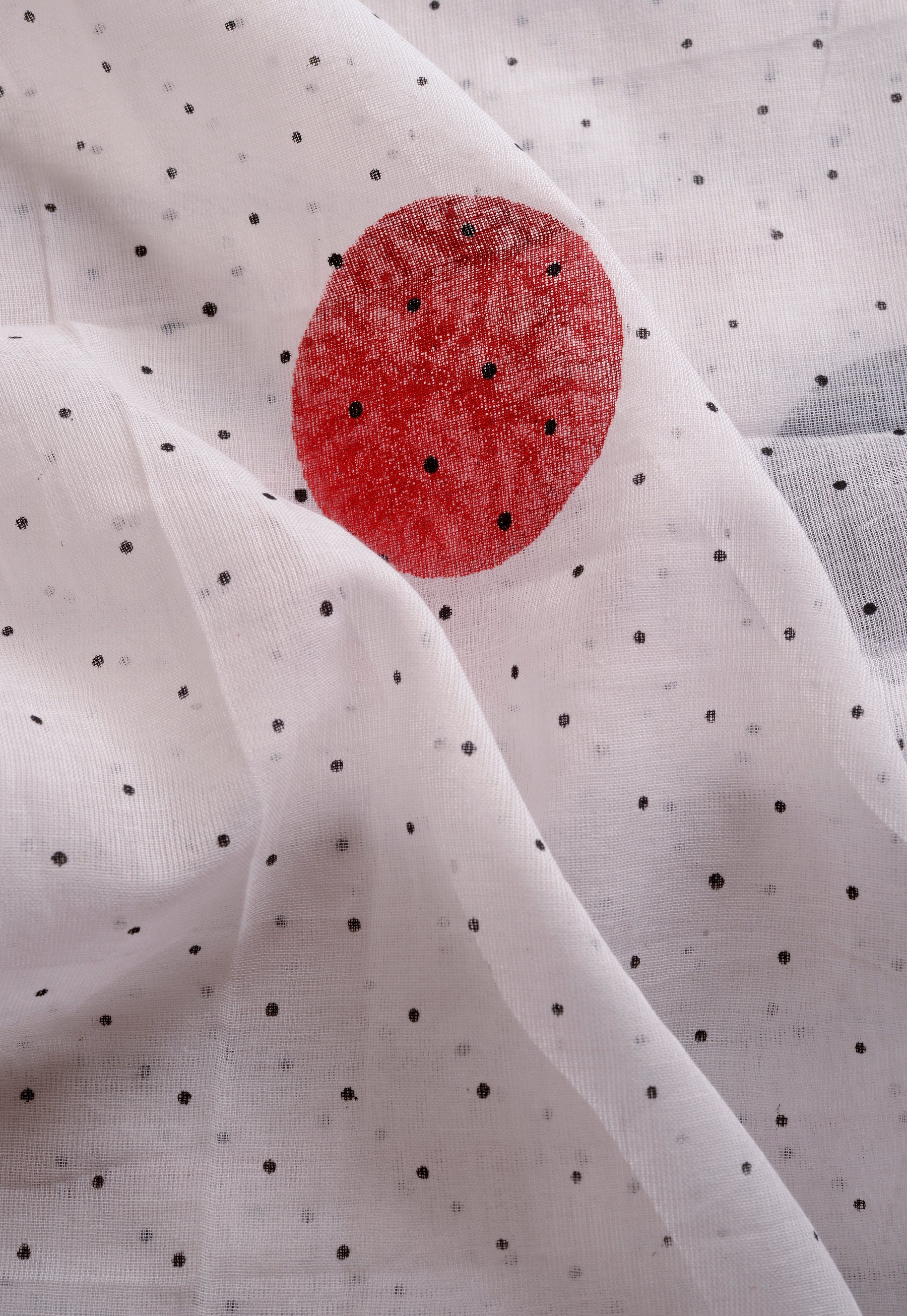 Red Black Polka Dots (with all over dots) - Hand Block Printed Cotton Saree