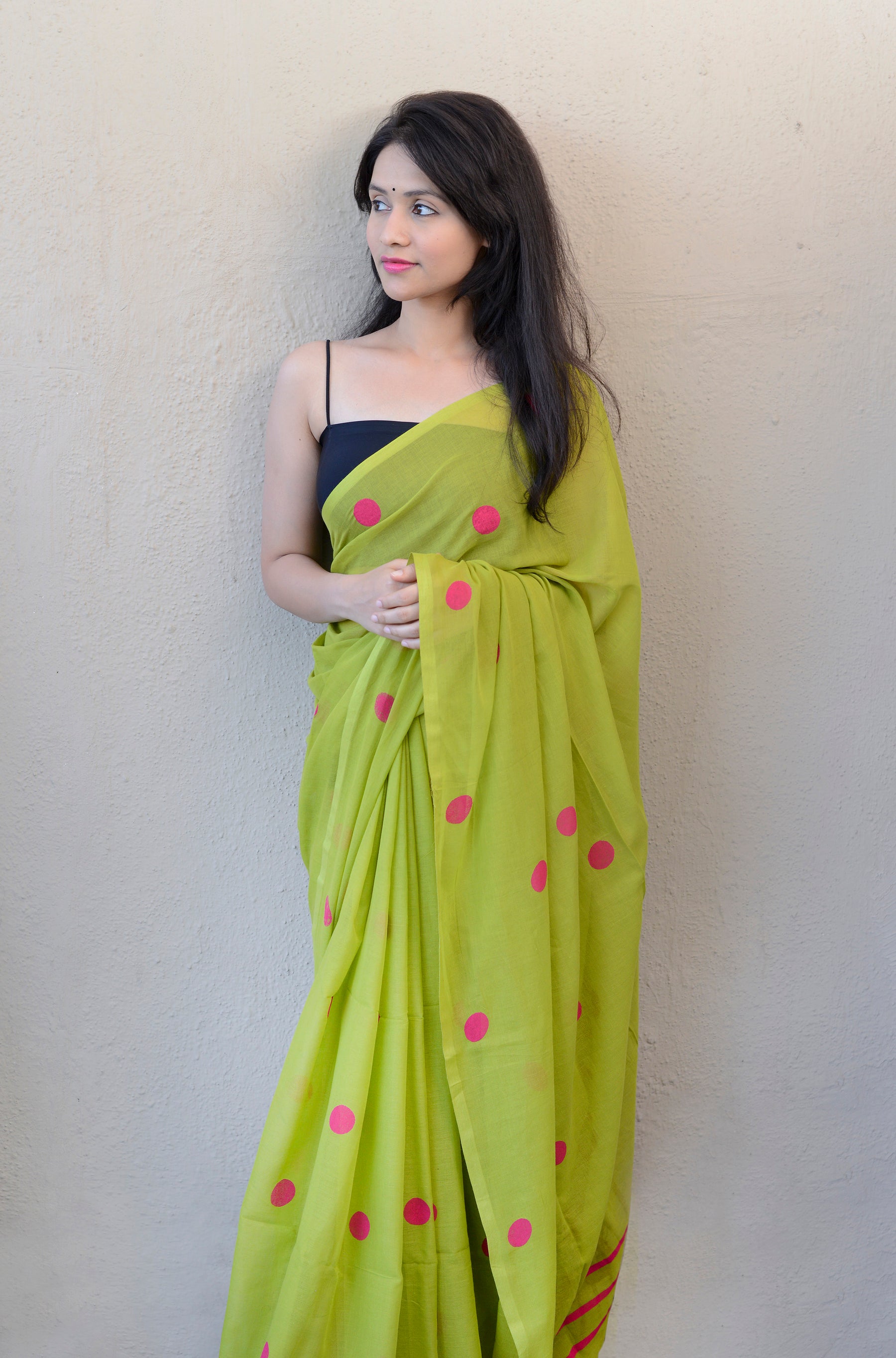 PARROT GREEN & RANI PINK (Polka Dots) - HAND BLOCK PRINTED COTTON SAREE