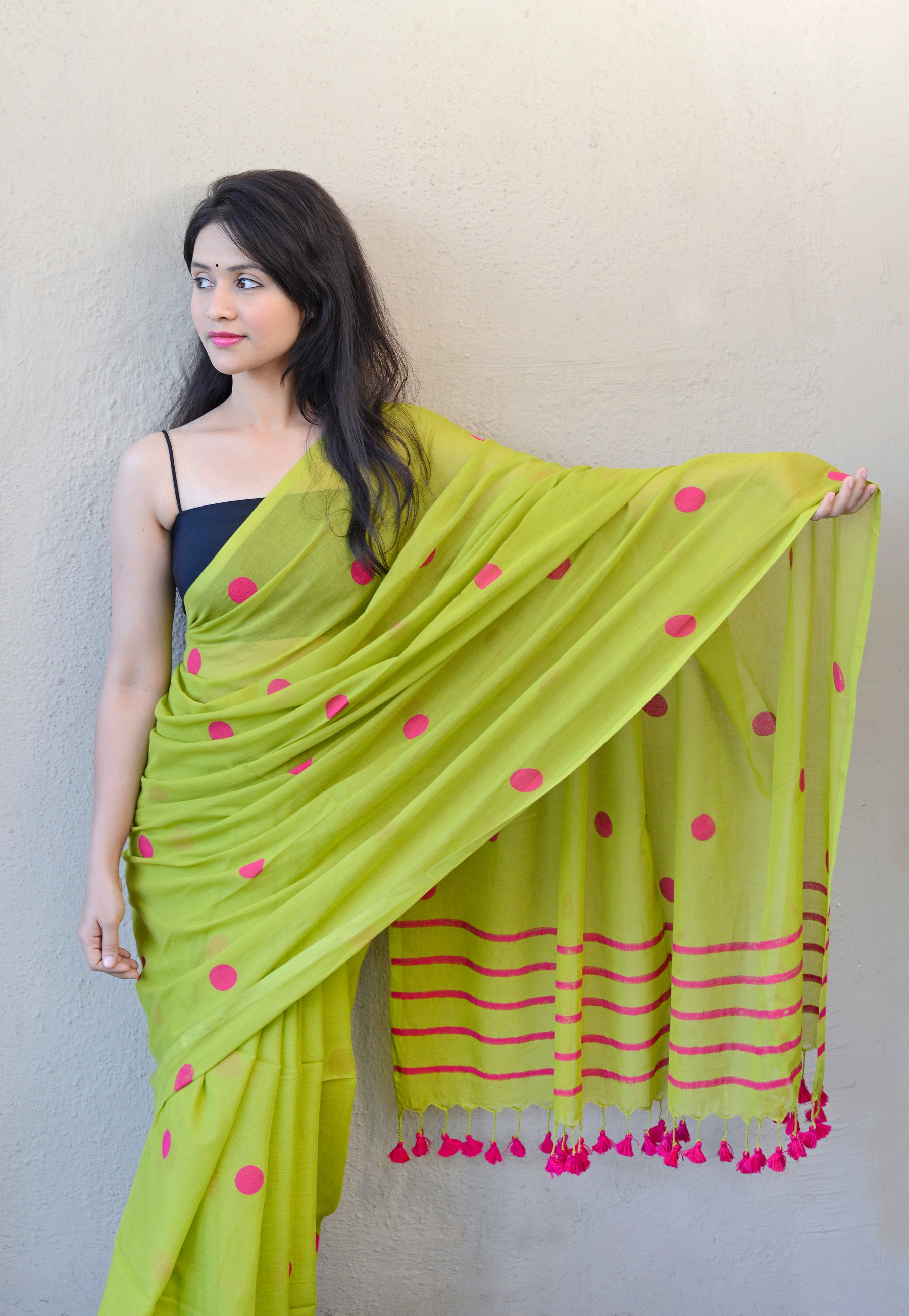 PARROT GREEN & RANI PINK  COMBO (POLKA DOTS) - HAND BLOCK PRINTED COTTON SAREE