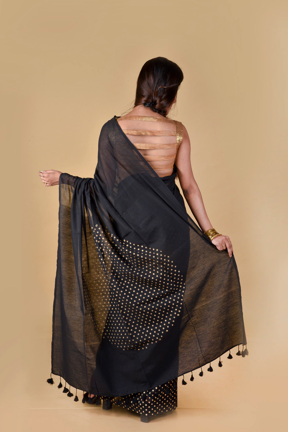 Abstract - Black & Gold - Hand Block Printed Cotton Saree