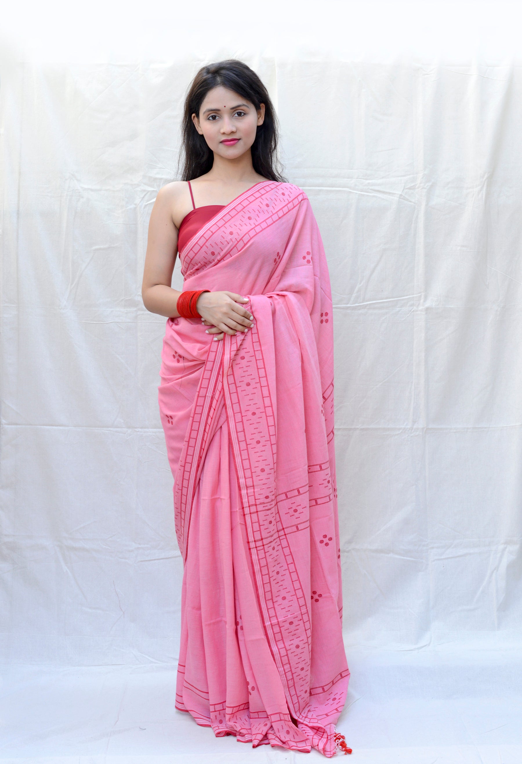HANDWOVEN PINK AND RED JAMDANI SAREE