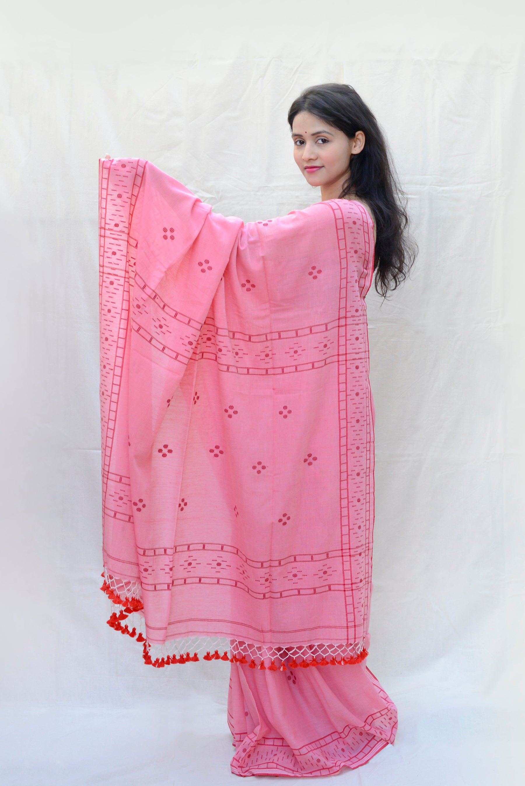 HANDWOVEN PINK AND RED JAMDANI SAREE