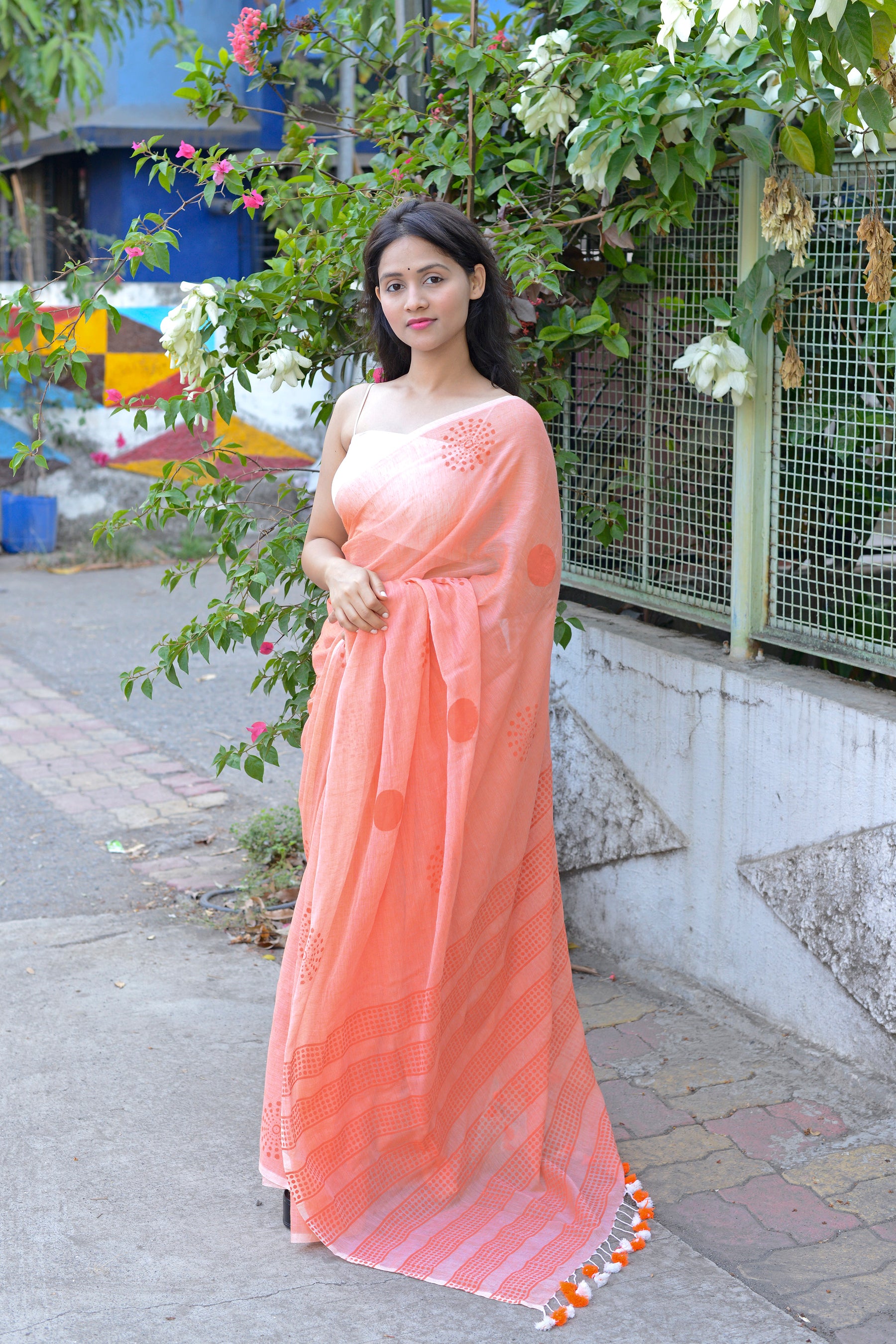 PEACH & RUST -  HAND BLOCK PRINTED COTTON SAREE
