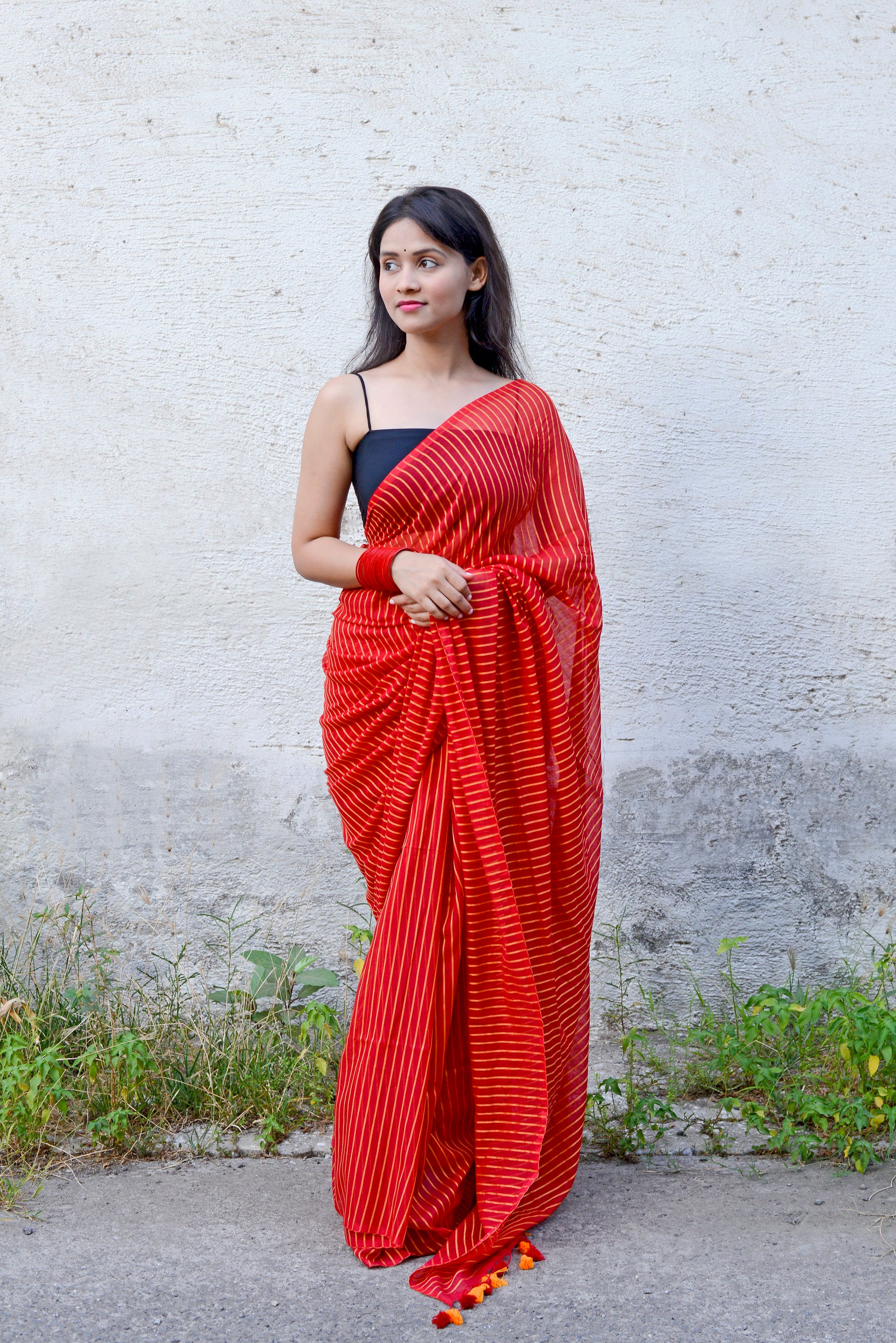 RED & YELLOW COTTON LINE SAREE