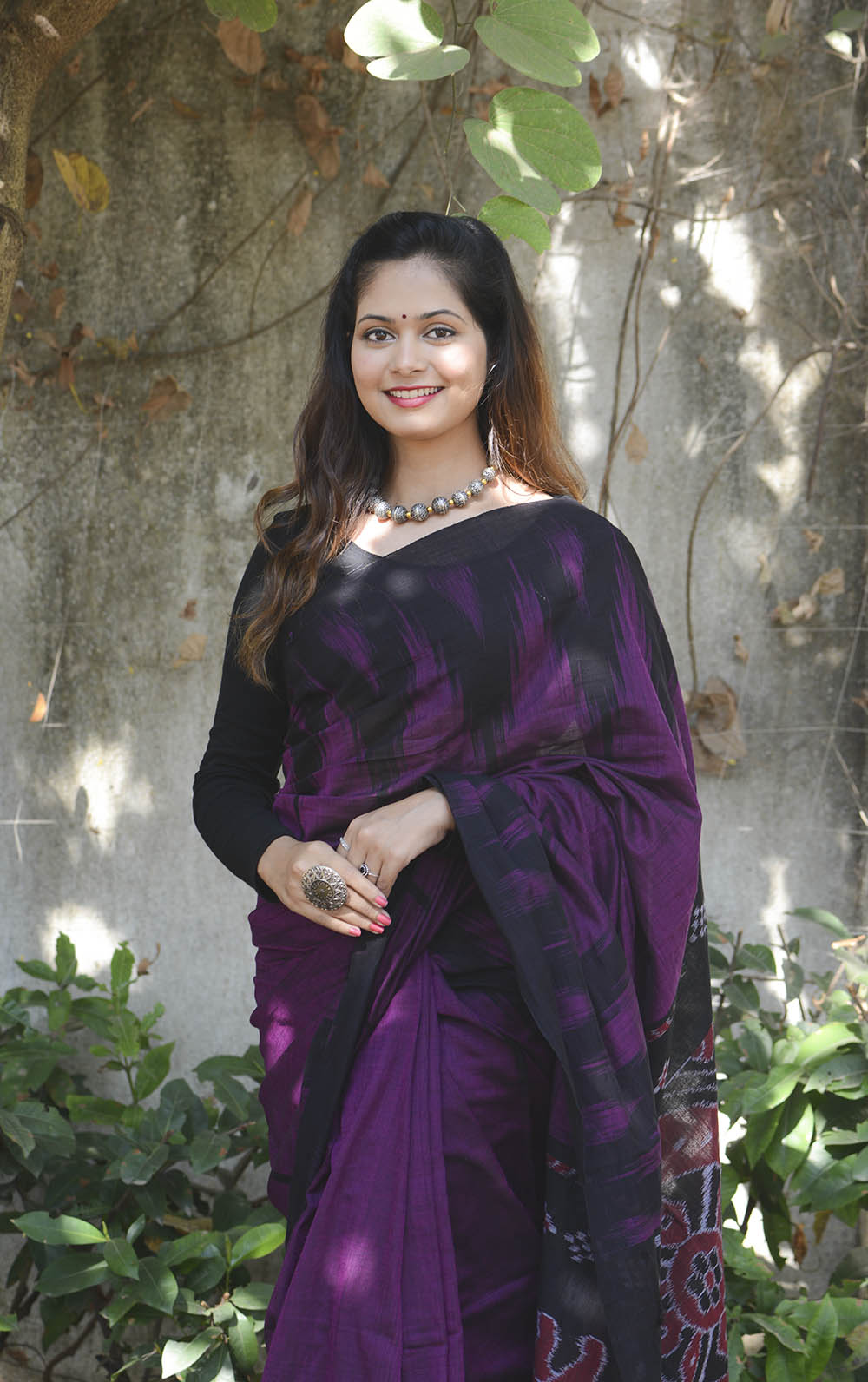 Handwoven Dark Purple Ikat Cotton Saree
