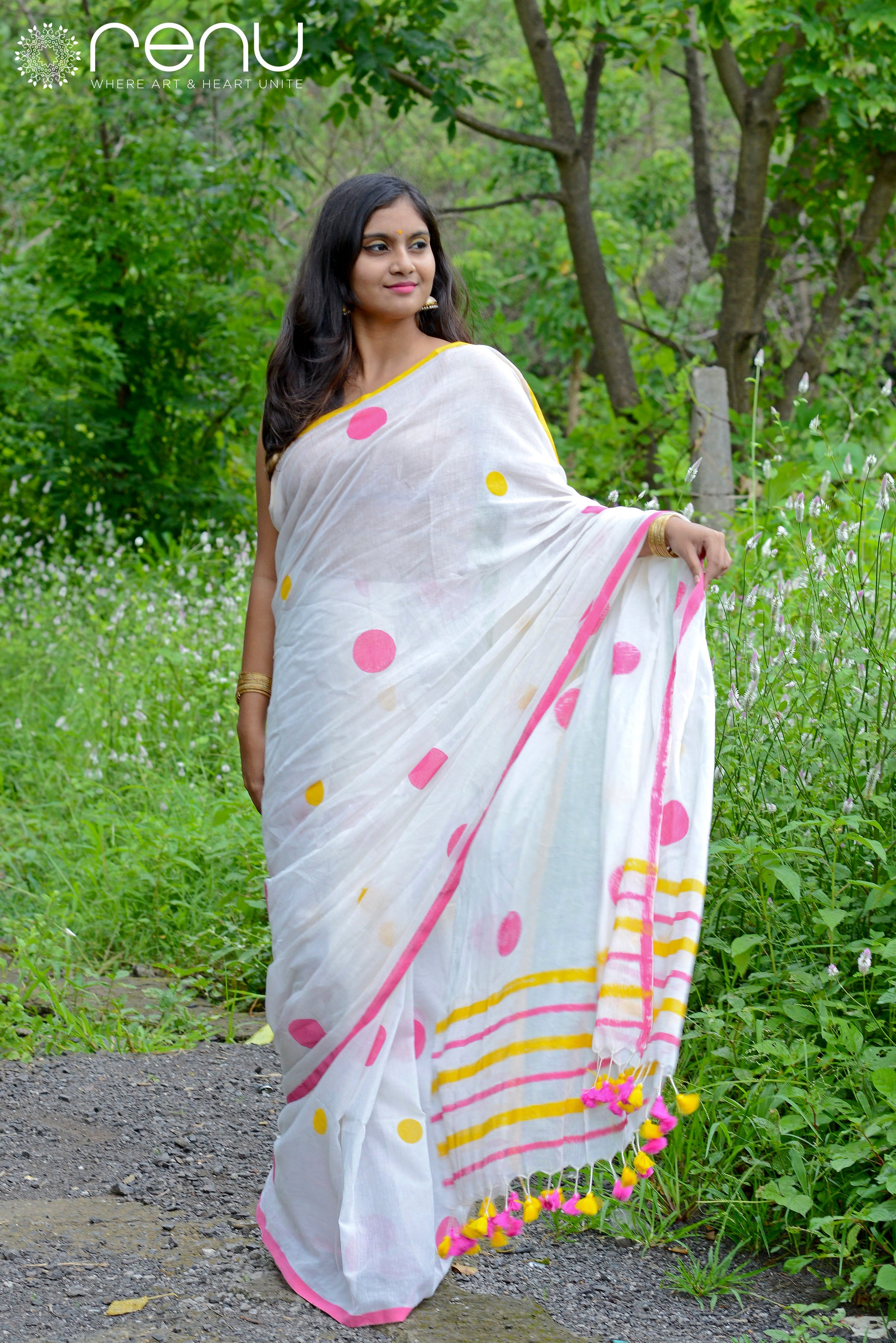 WHITE LOVE - HAND BLOCK PRINTED COTTON SAREE