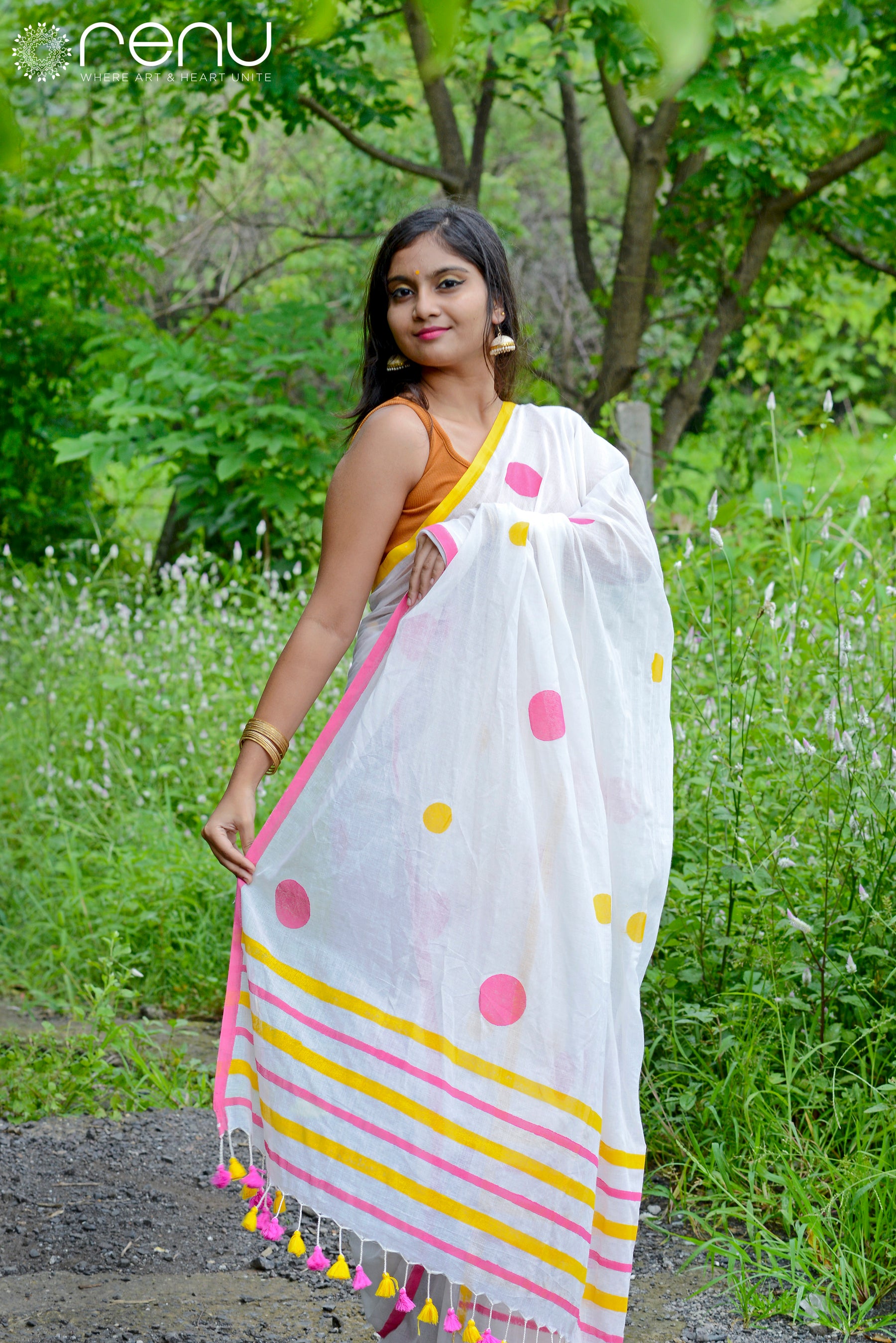 WHITE LOVE - HAND BLOCK PRINTED COTTON SAREE