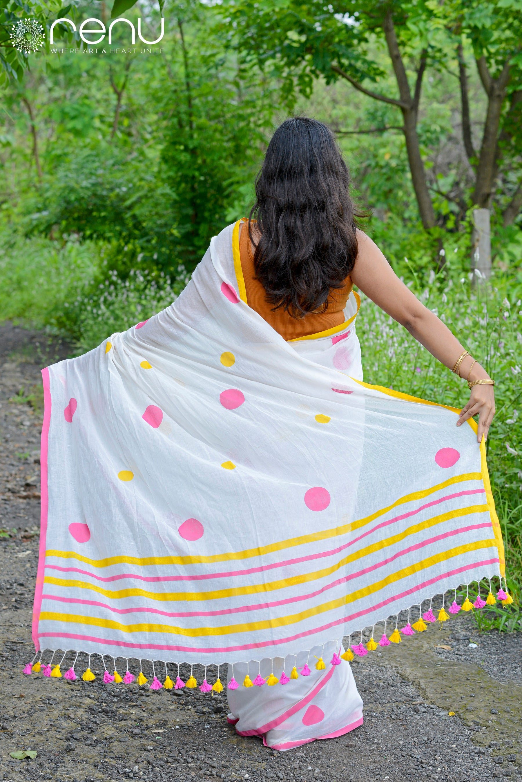 WHITE LOVE - HAND BLOCK PRINTED COTTON SAREE