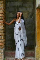WHITE LOVE (ABSTRACT) - HAND BLOCK PRINTED COTTON SAREE