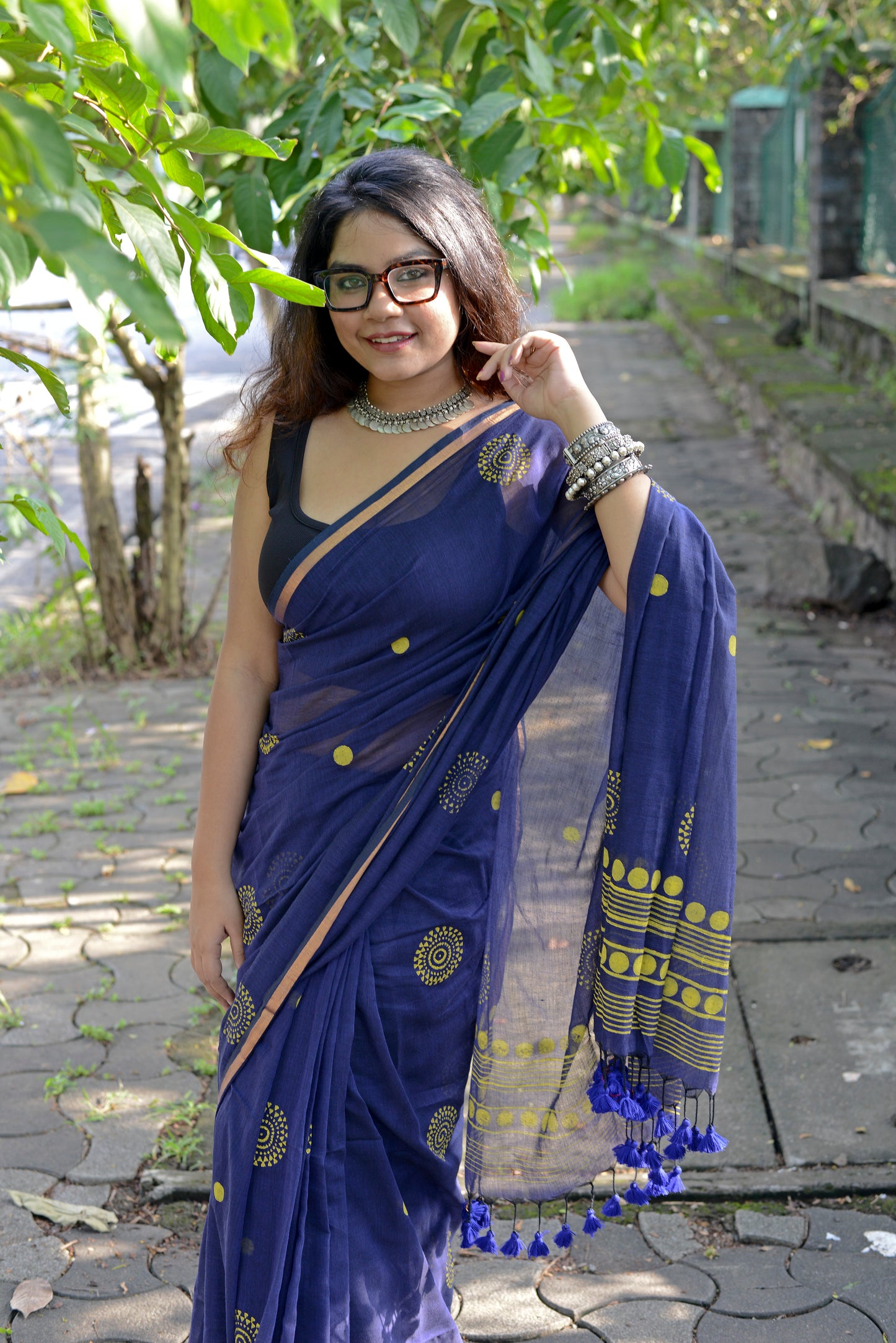 MIDNIGHT BLUE - HAND BLOCK PRINTED COTTON SAREE
