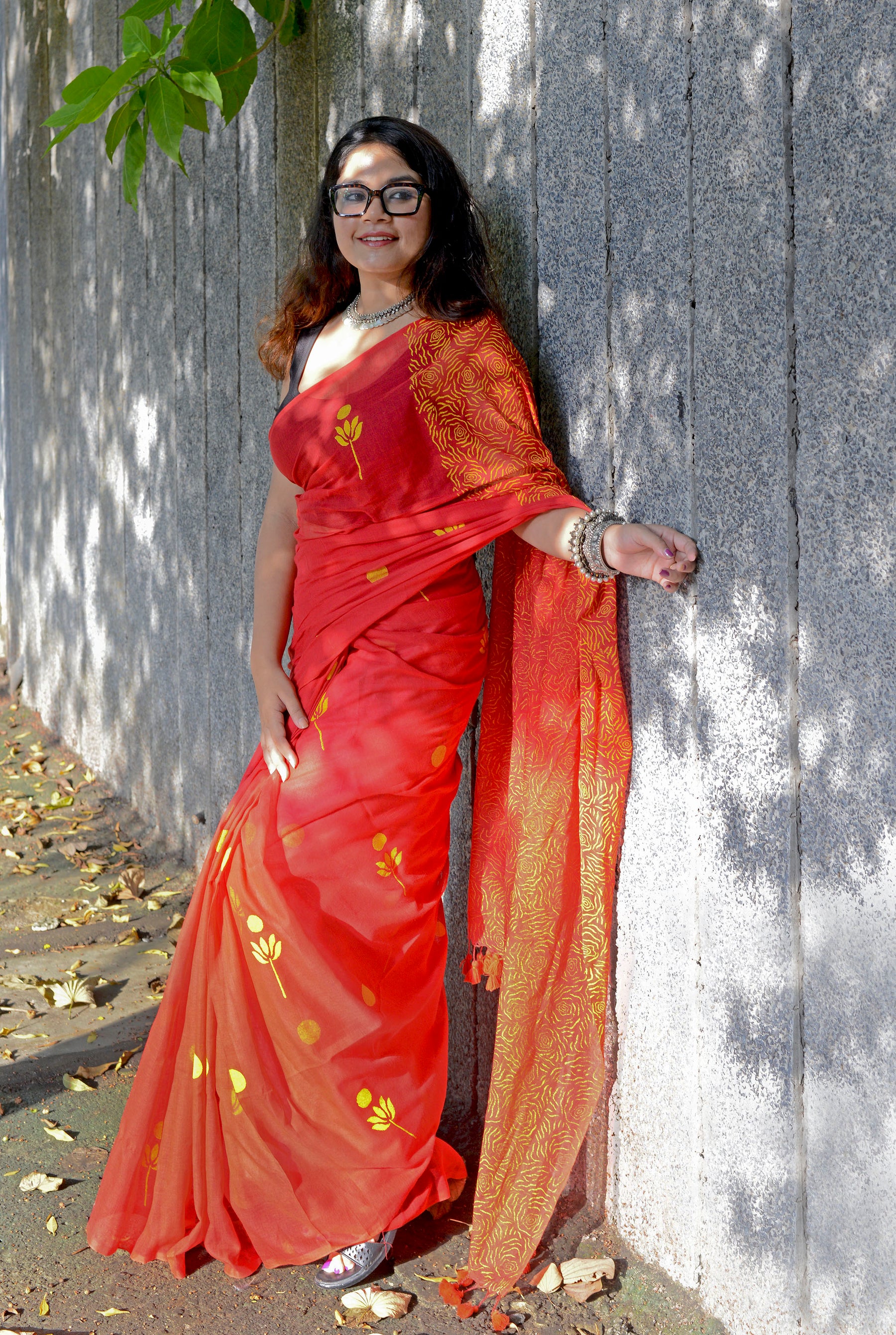 FLORAL LOVE - RED & YELLOW - HAND BLOCK PRINTED COTTON SAREE