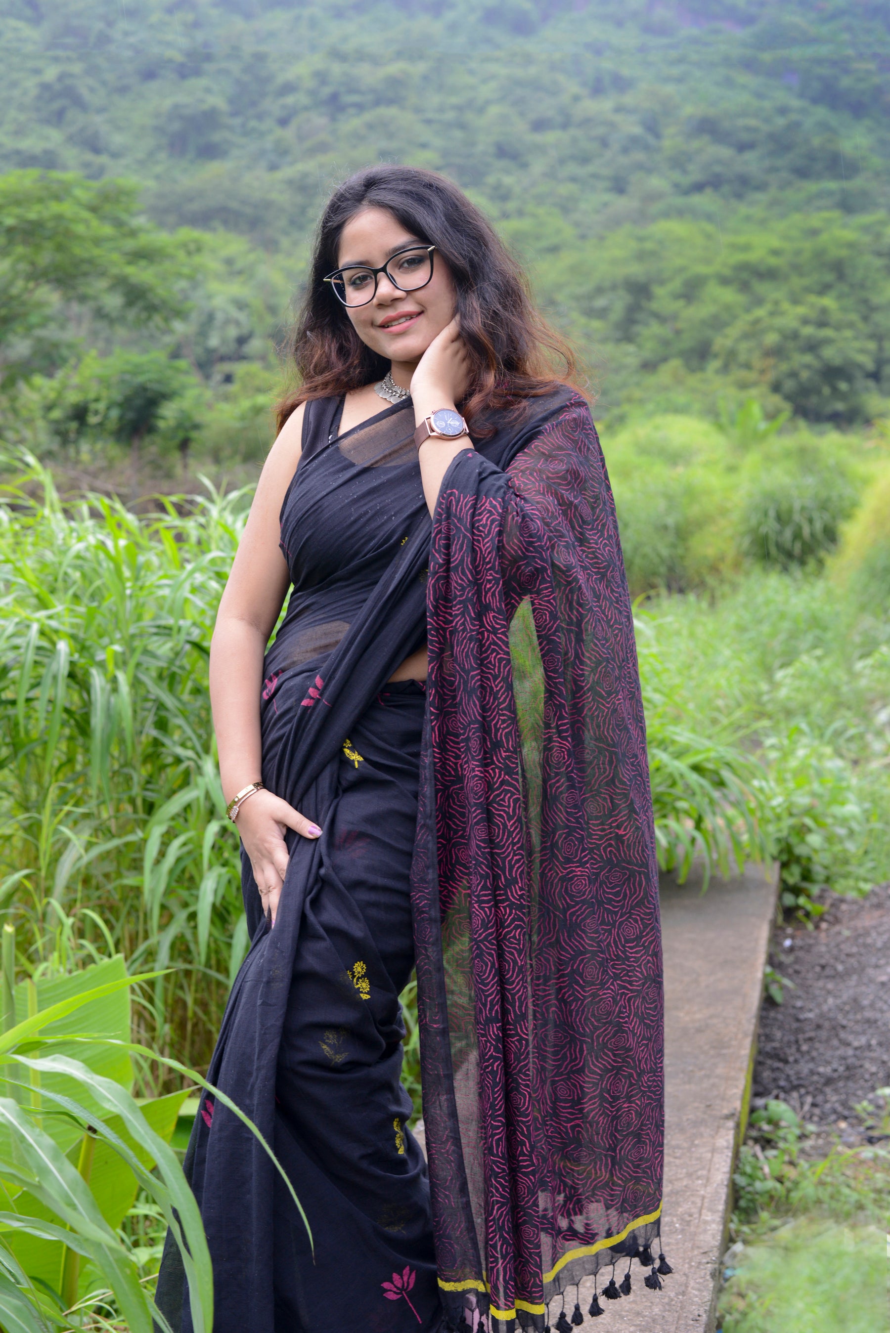FLORAL BLACK - HAND BLOCK PRINTED COTTON SAREE