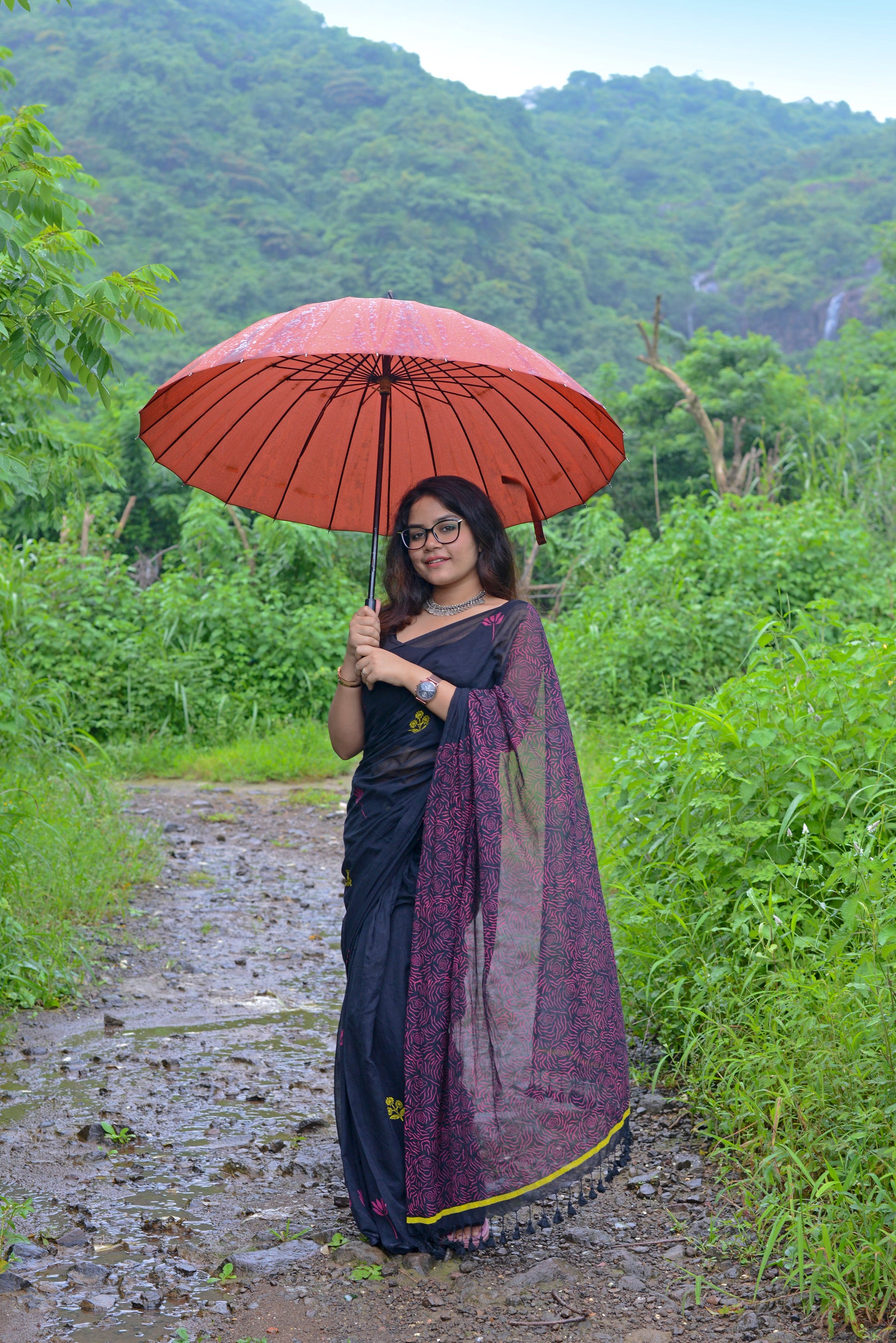 FLORAL BLACK - HAND BLOCK PRINTED COTTON SAREE