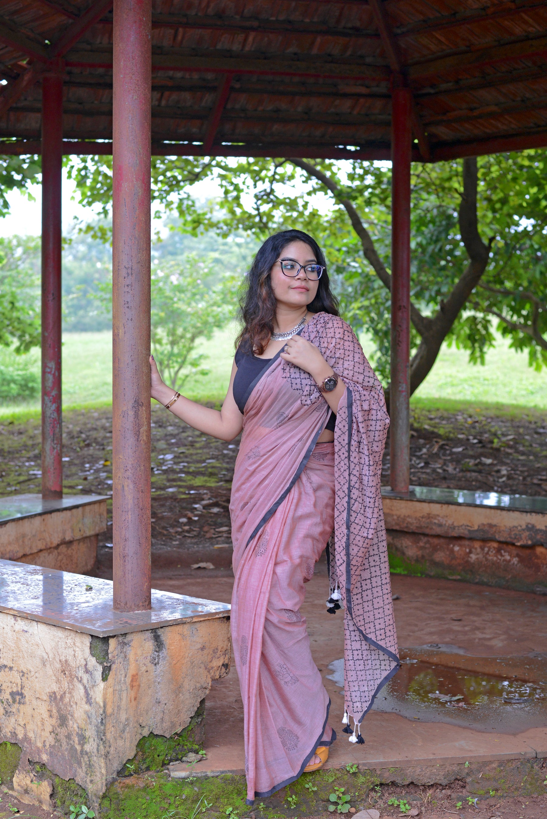 ROSY BROWN - HAND BLOCK PRINTED COTTON SAREE