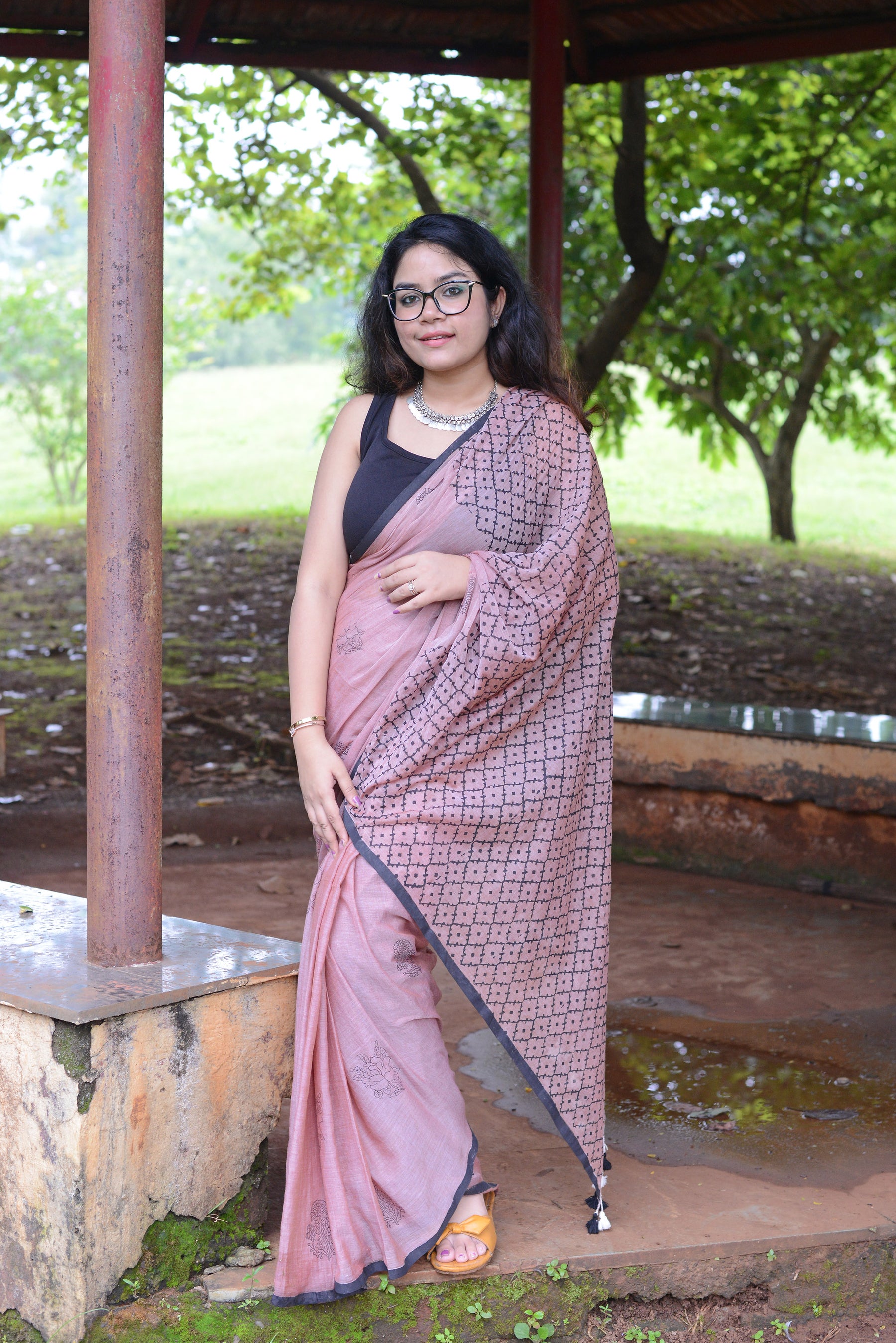 ROSY BROWN - HAND BLOCK PRINTED COTTON SAREE