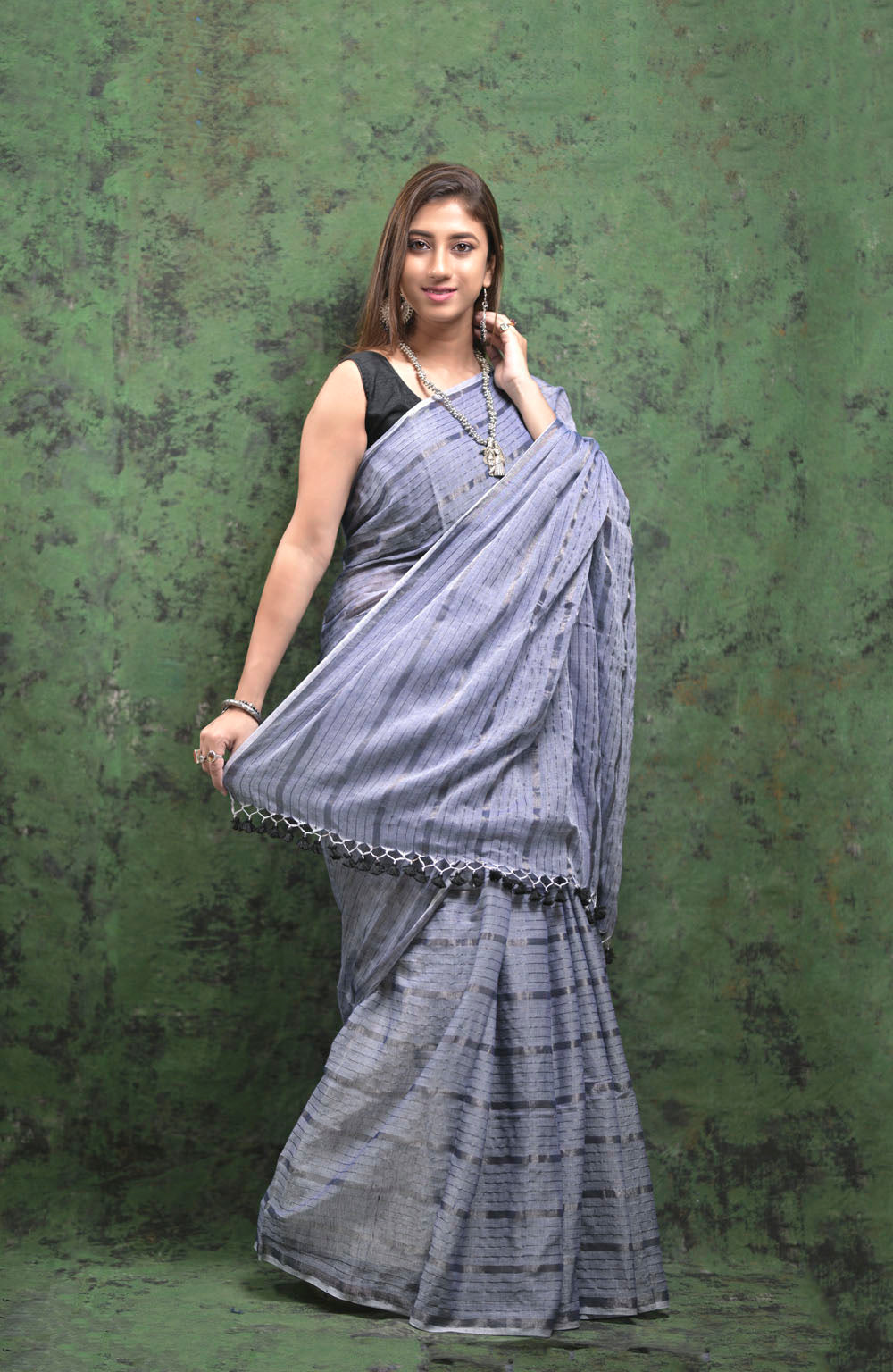 WHITE & GREY COMBO - HANDWOVEN SILVER ZARI STRIPES